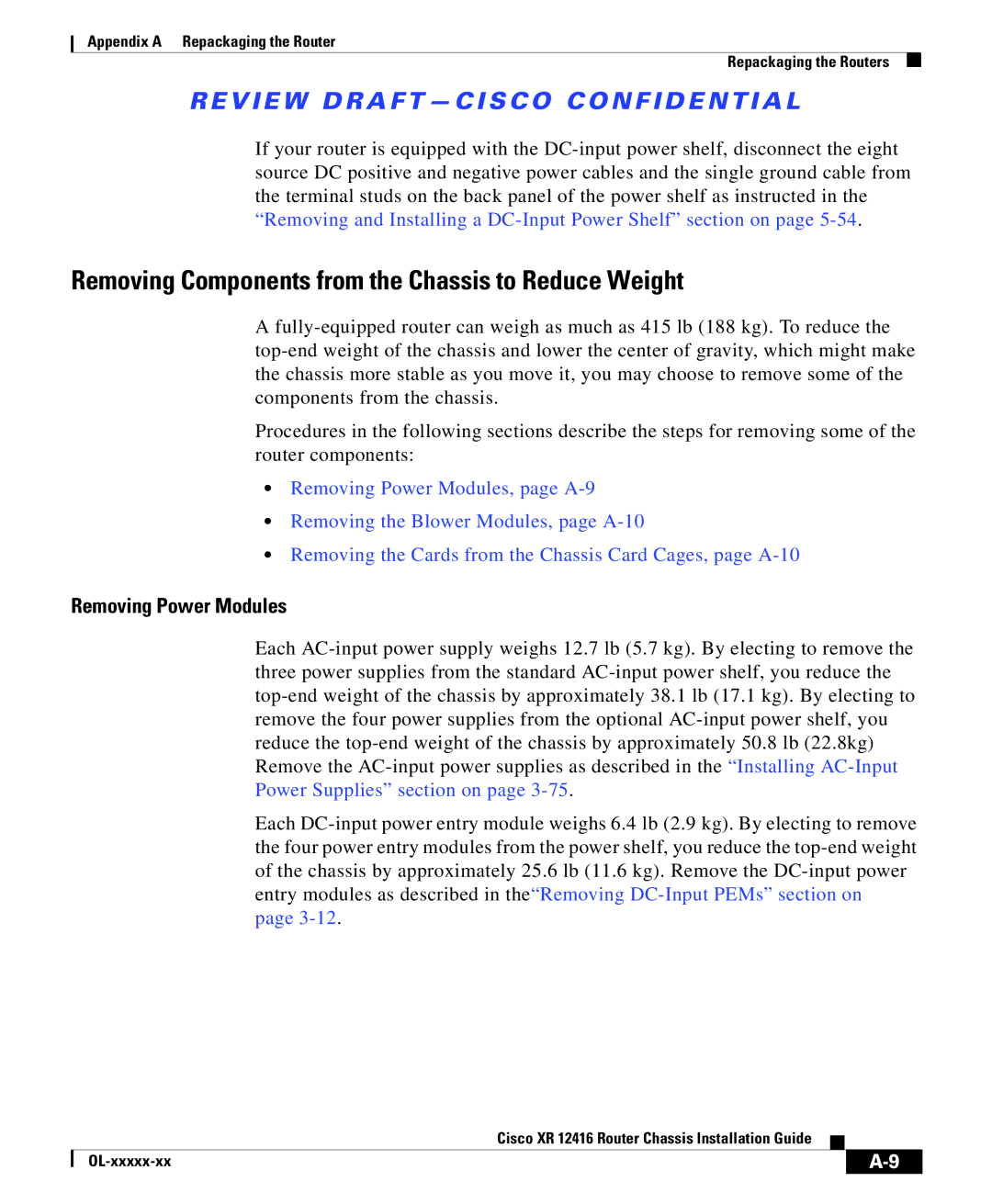 Cisco Systems 2654T6, STEV SRT-M-66 appendix Removing Components from the Chassis to Reduce Weight, Removing Power Modules 