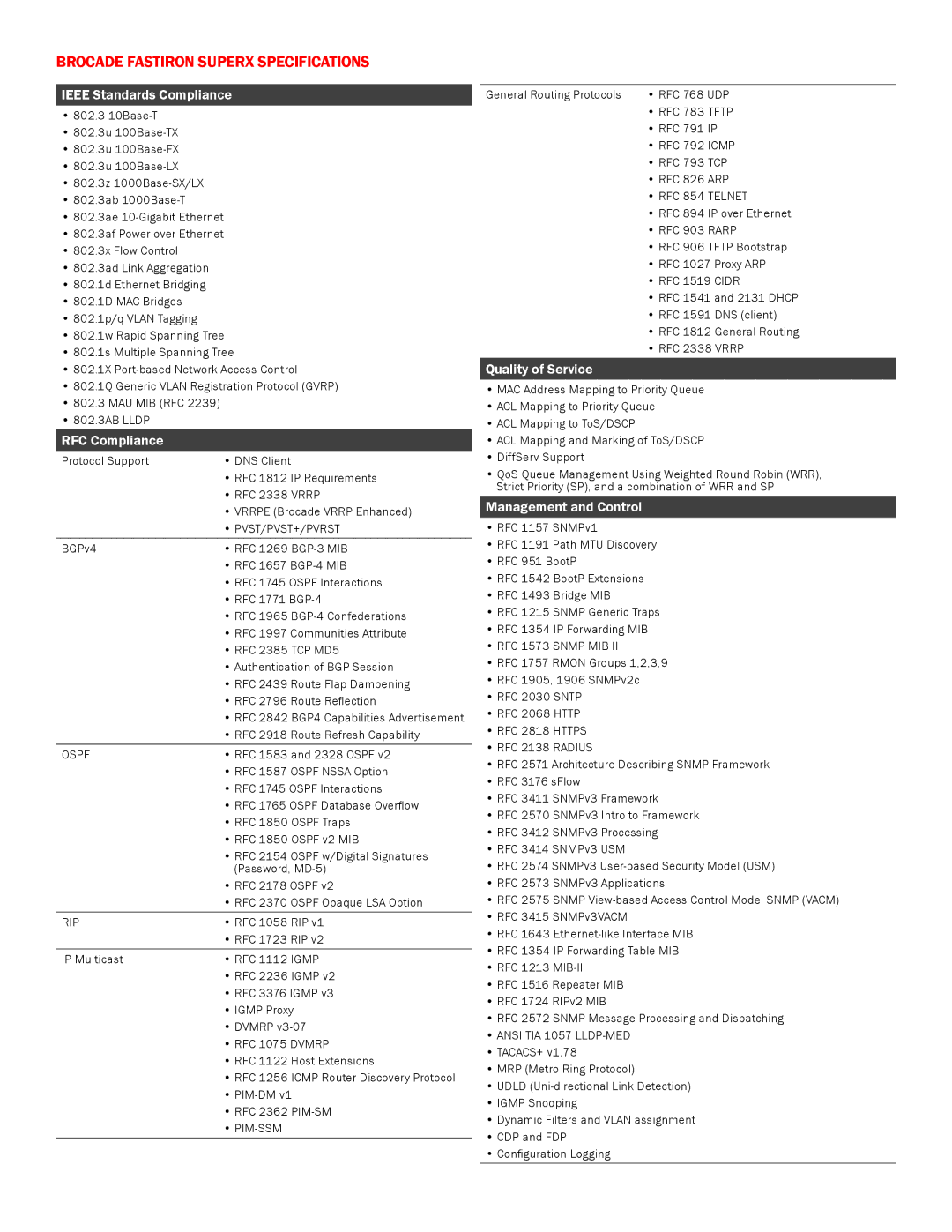 Cisco Systems Superx Series manual Brocade Fastiron SuperX Specifications, Ieee Standards Compliance, RFC Compliance 