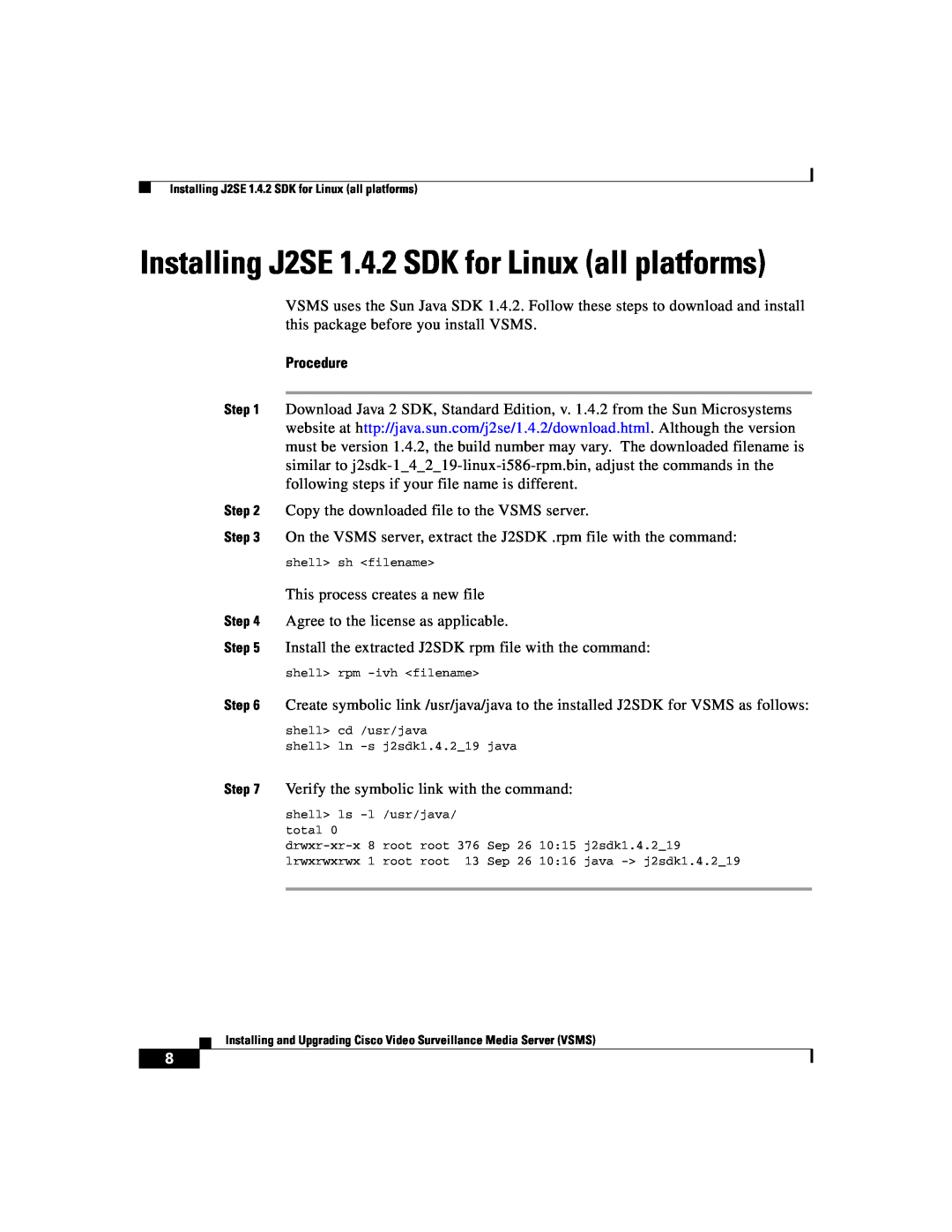 Cisco Systems Surveillance Media Server manual Installing J2SE 1.4.2 SDK for Linux all platforms, Procedure 