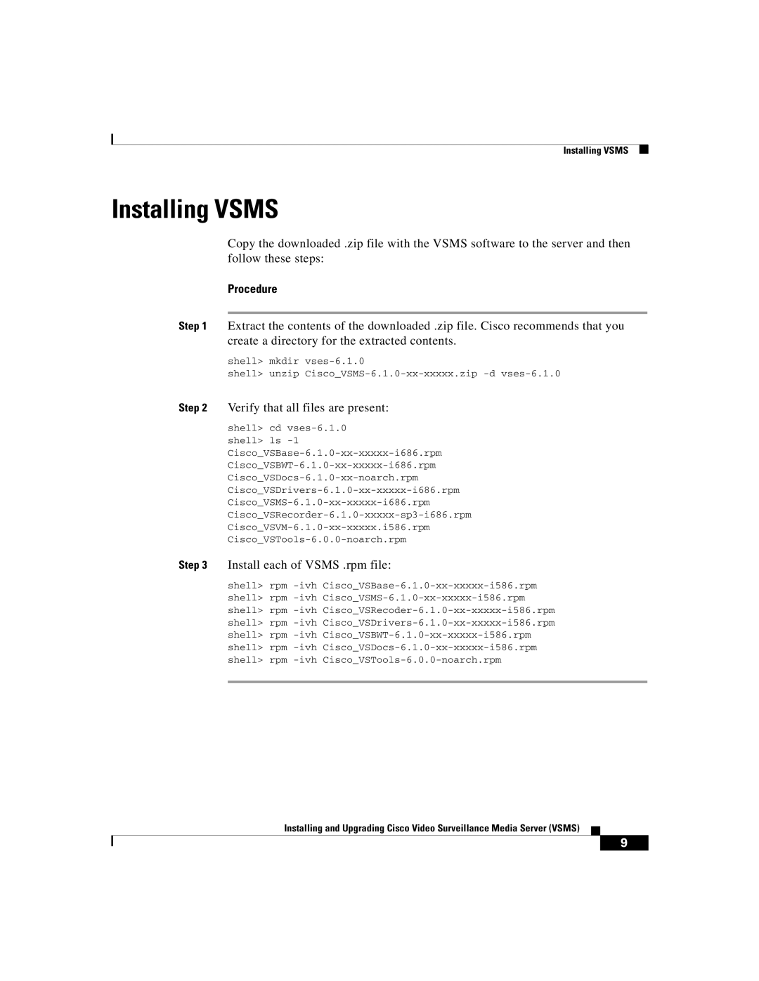 Cisco Systems Surveillance Media Server Installing Vsms, Verify that all files are present, Install each of Vsms .rpm file 