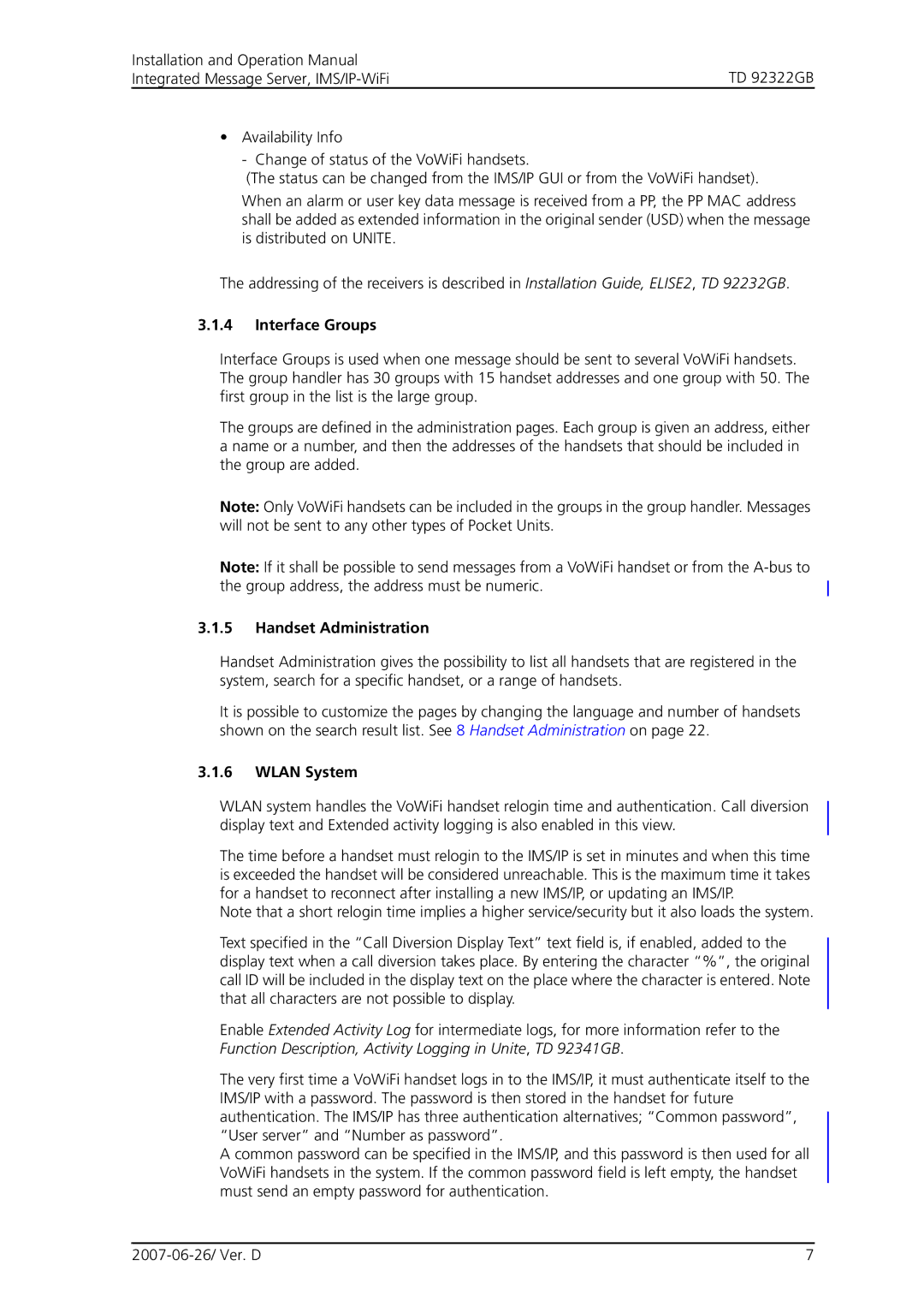 Cisco Systems TD 92322GB operation manual Interface Groups, Handset Administration, Wlan System 