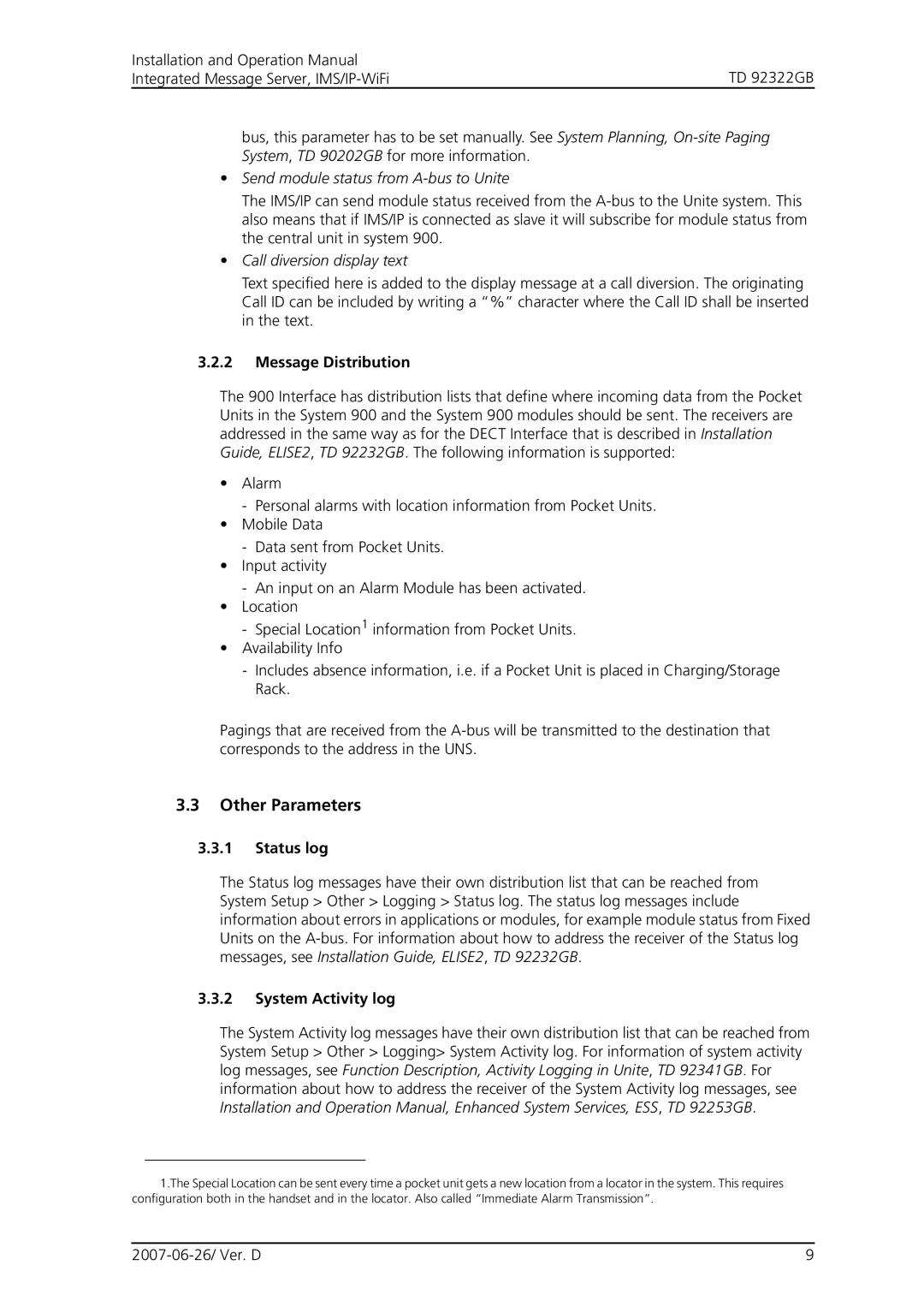 Cisco Systems TD 92322GB Other Parameters, Send module status from A-bus to Unite, Call diversion display text, Status log 