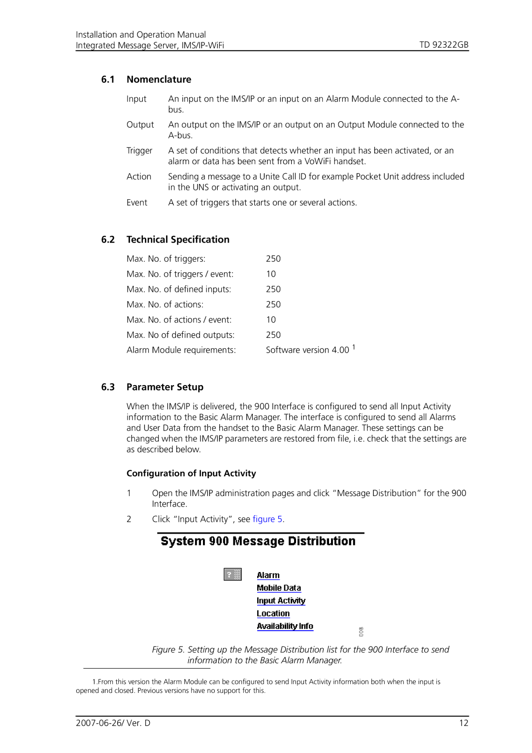 Cisco Systems TD 92322GB Nomenclature, Technical Specification, Parameter Setup, Configuration of Input Activity 