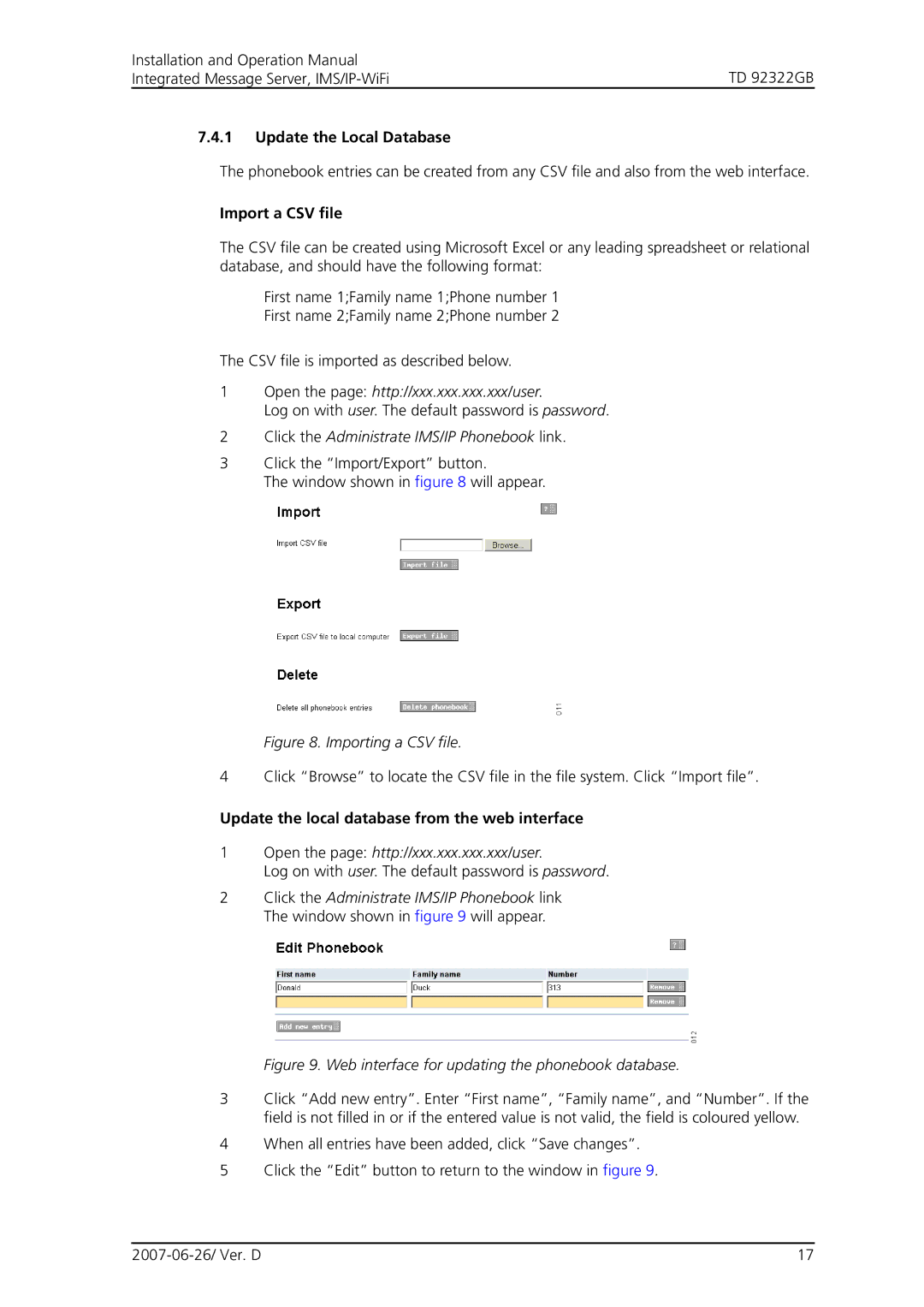 Cisco Systems TD 92322GB Update the Local Database, Import a CSV file, Open the page http//xxx.xxx.xxx.xxx/user 