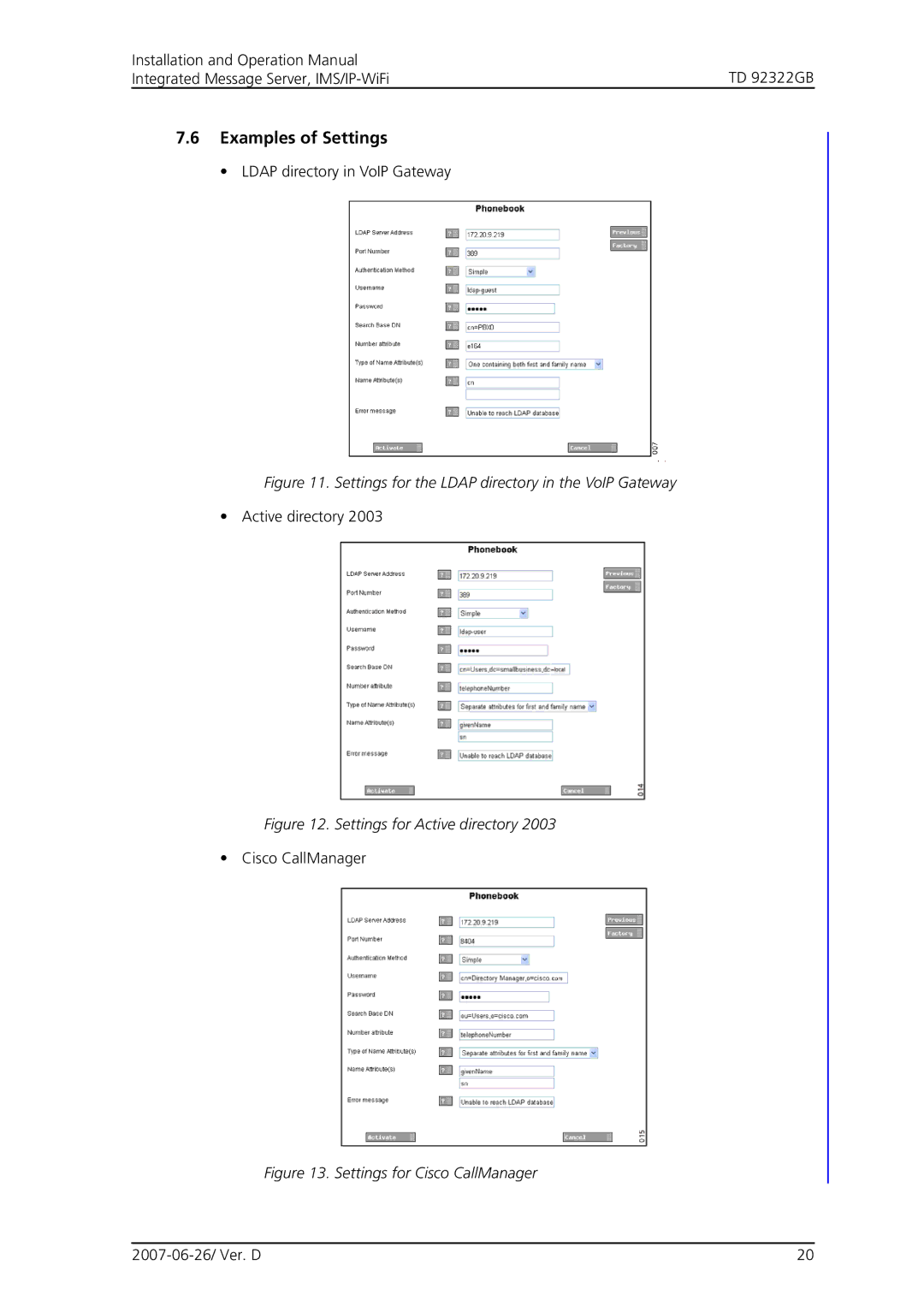 Cisco Systems TD 92322GB operation manual Examples of Settings, Settings for the Ldap directory in the VoIP Gateway 