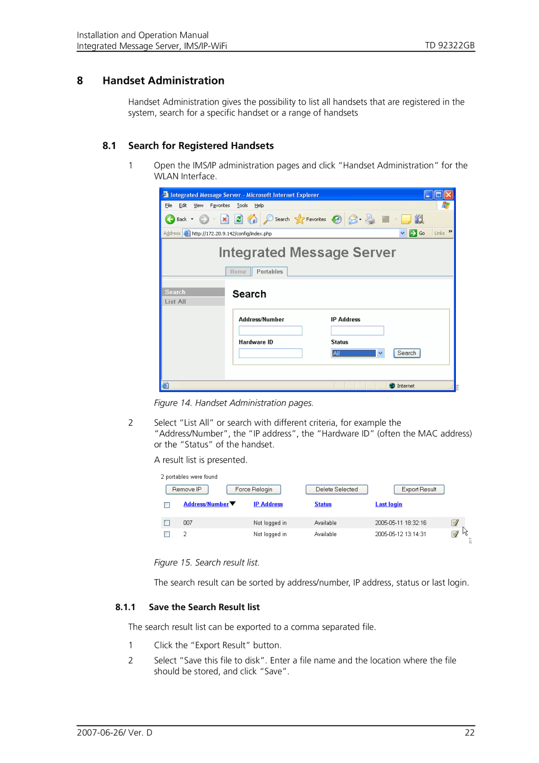 Cisco Systems TD 92322GB Handset Administration, Search for Registered Handsets, Save the Search Result list 