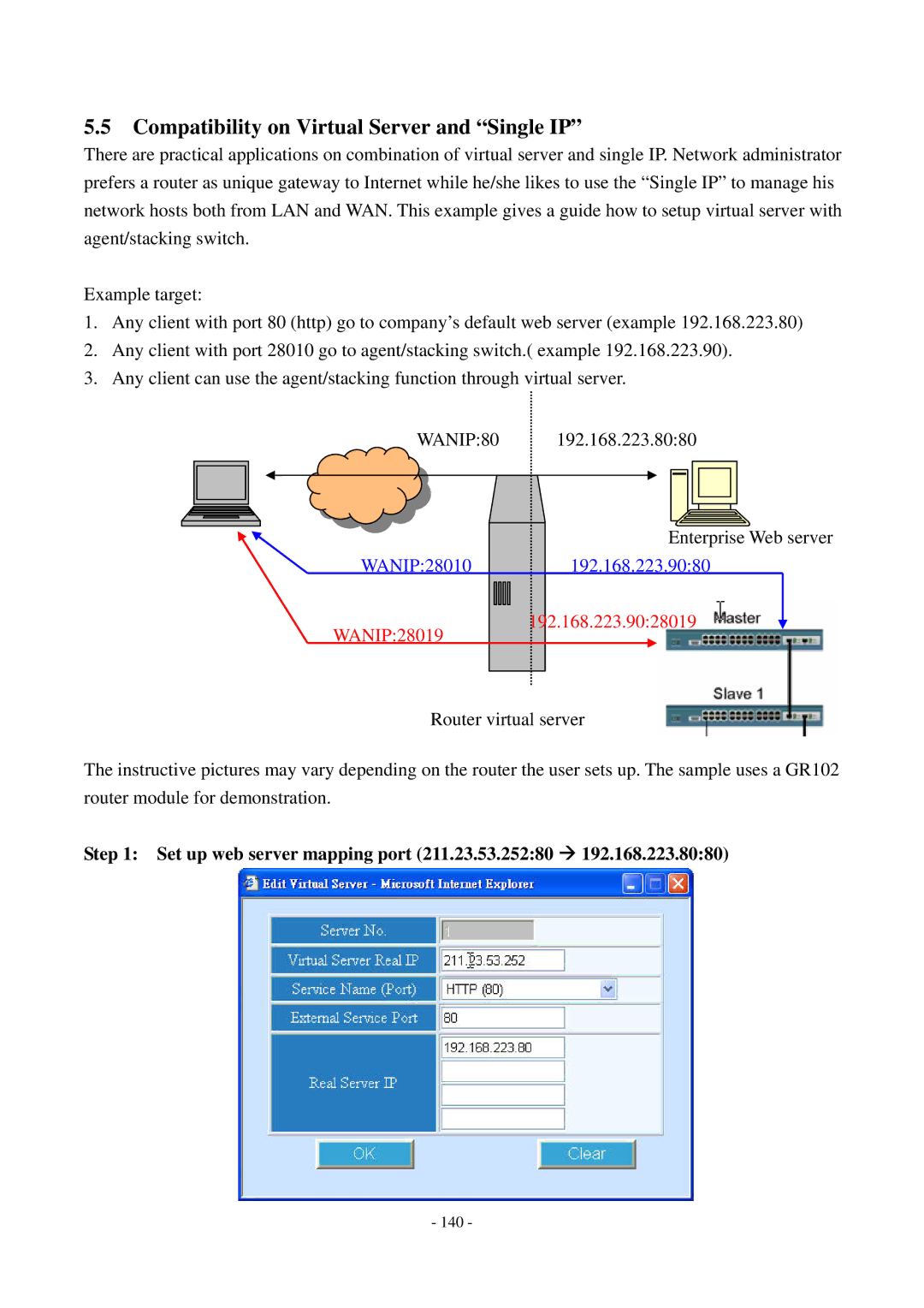 Cisco Systems TEG-S2500i Compatibility on Virtual Server and Single IP, Set up web server mapping port 211.23.53.25280 Æ 