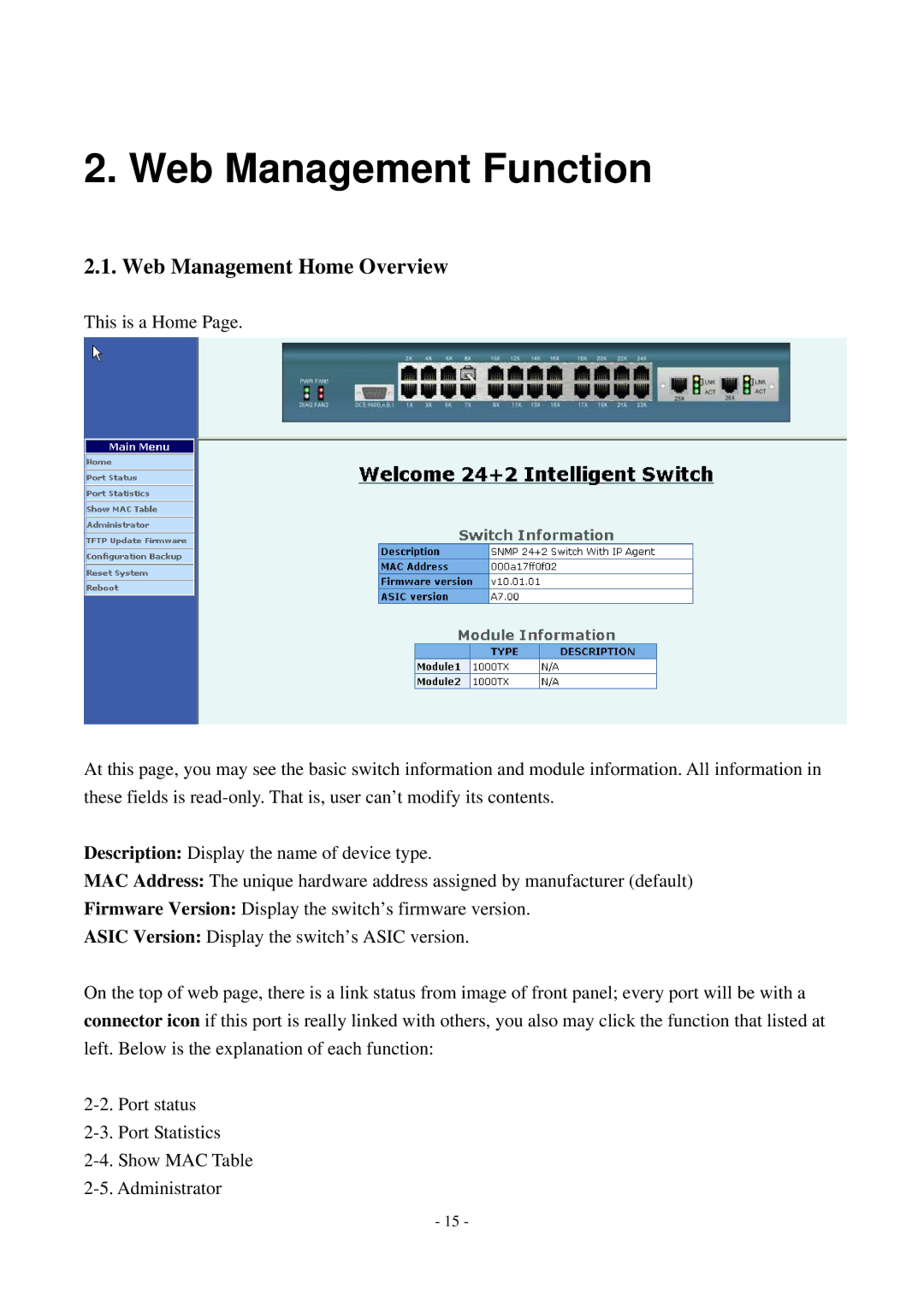 Cisco Systems TEG-S2500i manual Web Management Function, Web Management Home Overview 