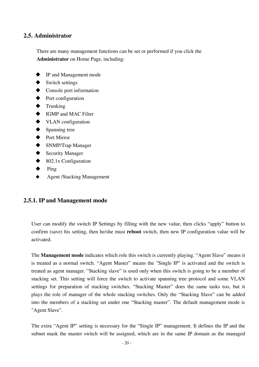 Cisco Systems TEG-S2500i manual Administrator, IP and Management mode 