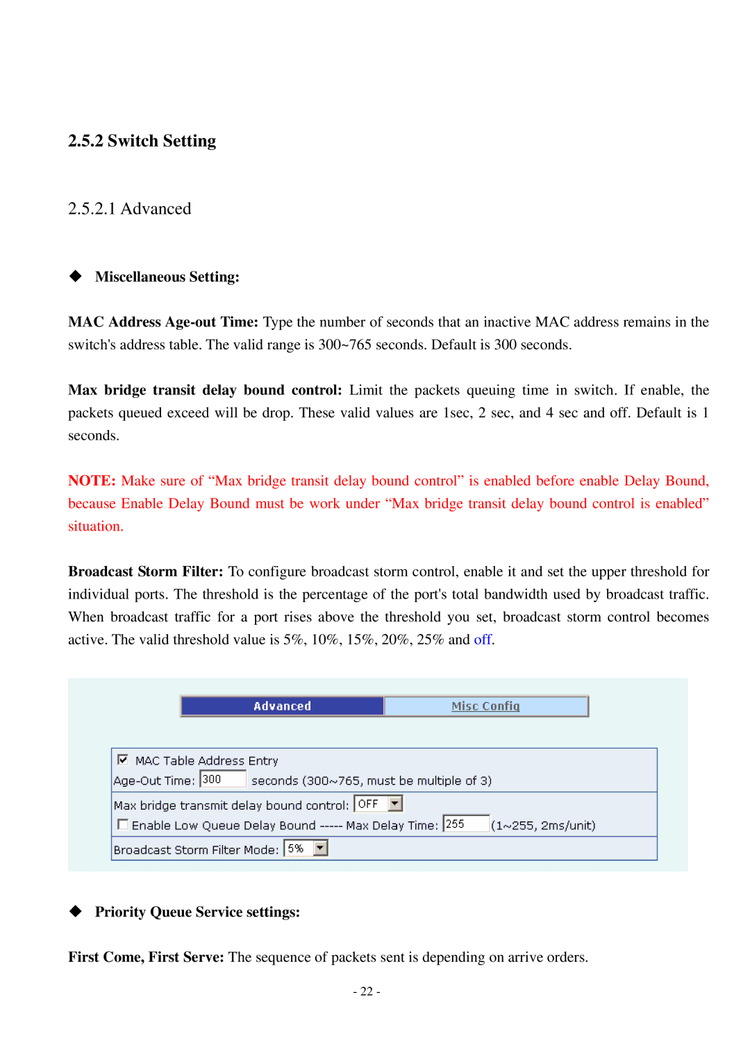 Cisco Systems TEG-S2500i manual Switch Setting, Advanced, ‹ Miscellaneous Setting, ‹ Priority Queue Service settings 