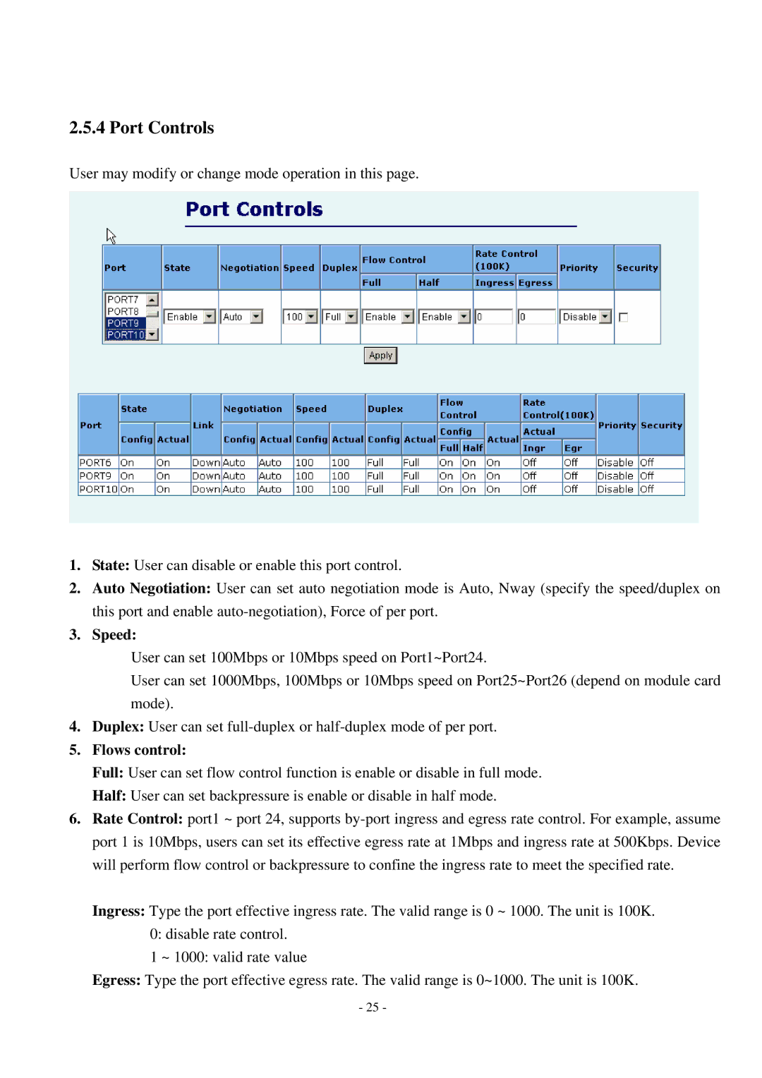 Cisco Systems TEG-S2500i manual Port Controls, Speed, Flows control 