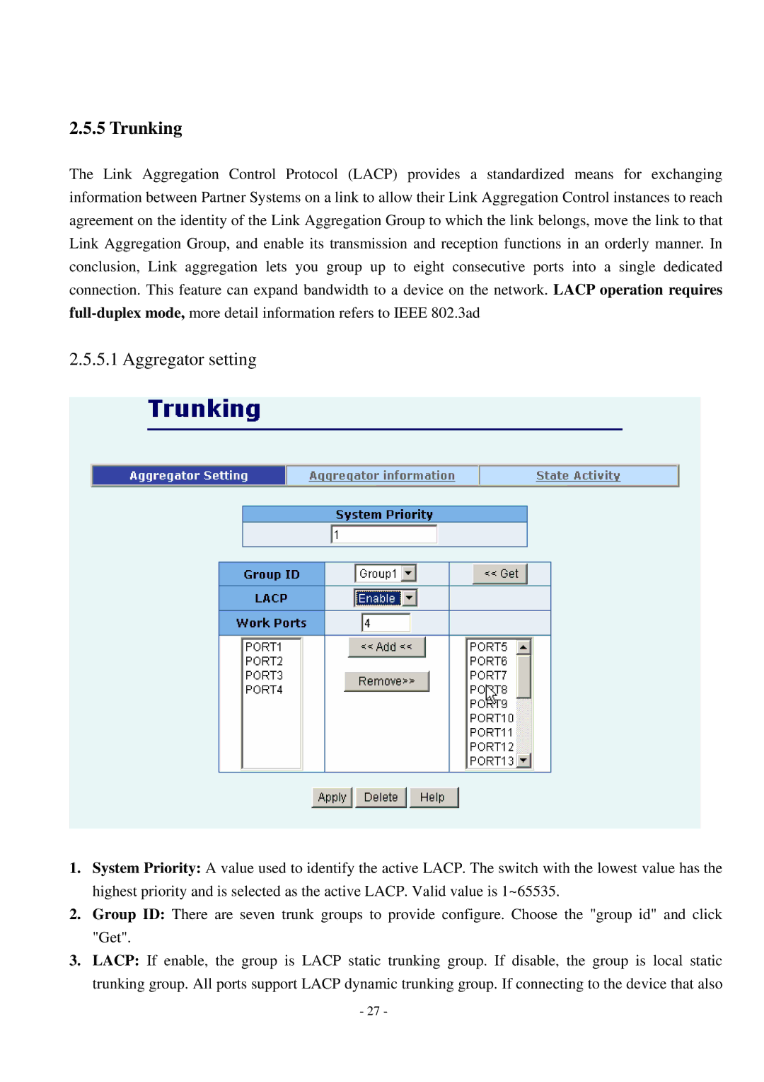 Cisco Systems TEG-S2500i manual Trunking, Aggregator setting 