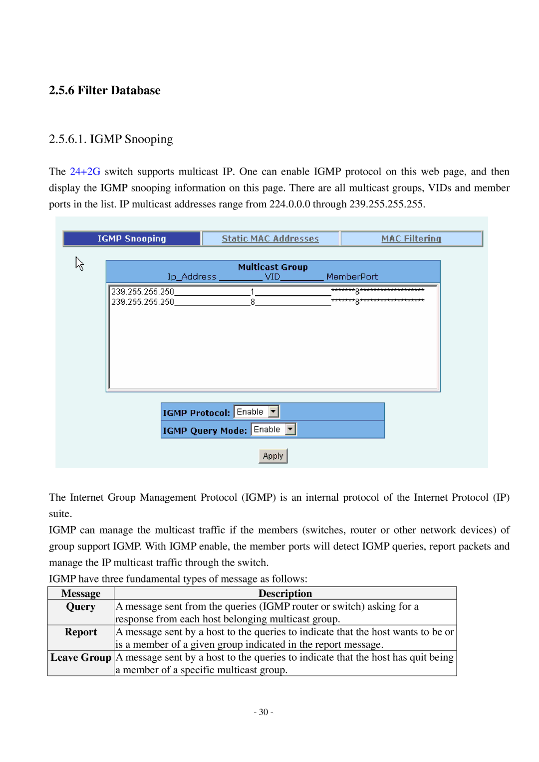 Cisco Systems TEG-S2500i manual Filter Database, Igmp Snooping, Message Description Query, Report, Leave Group 