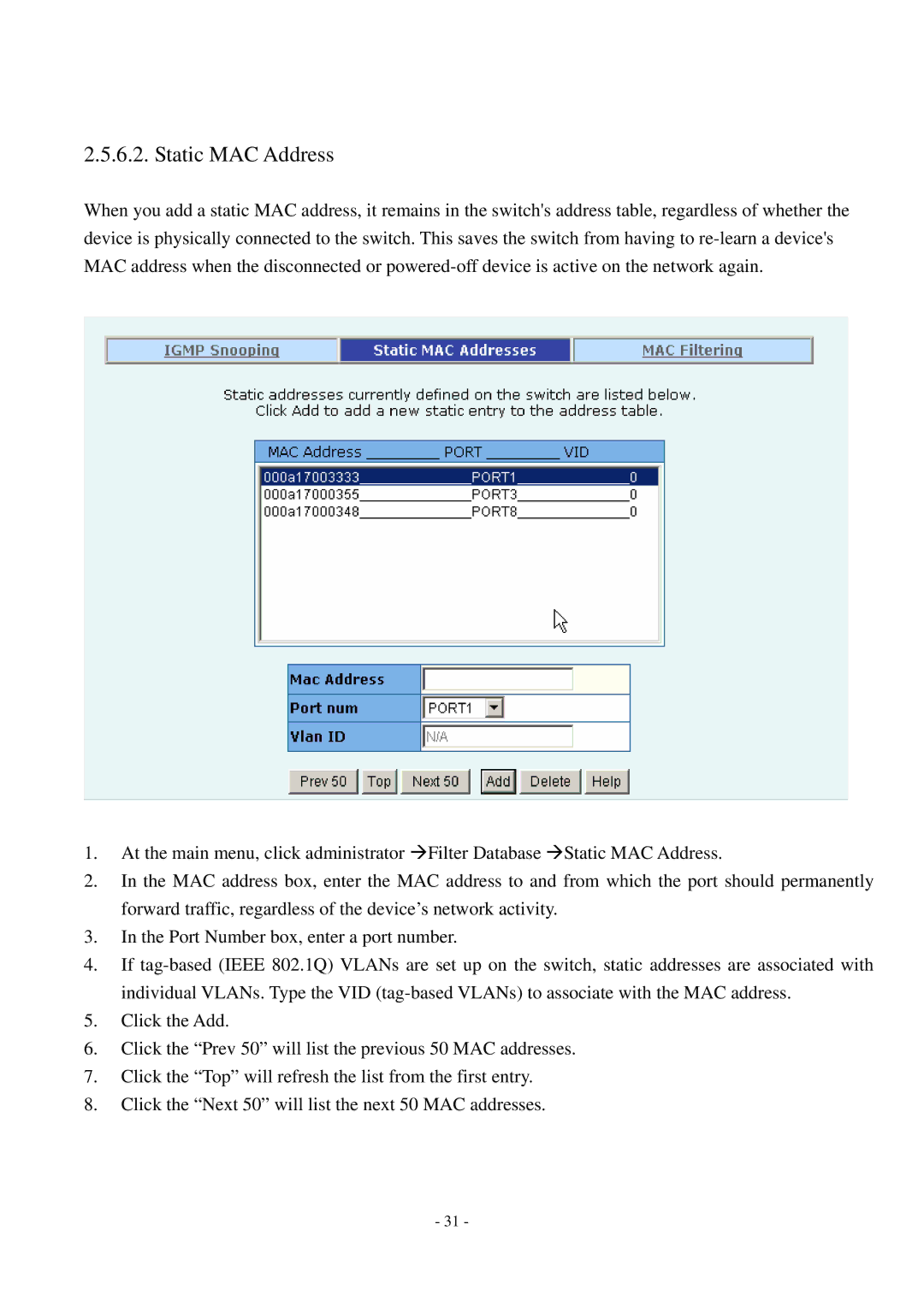 Cisco Systems TEG-S2500i manual Static MAC Address 