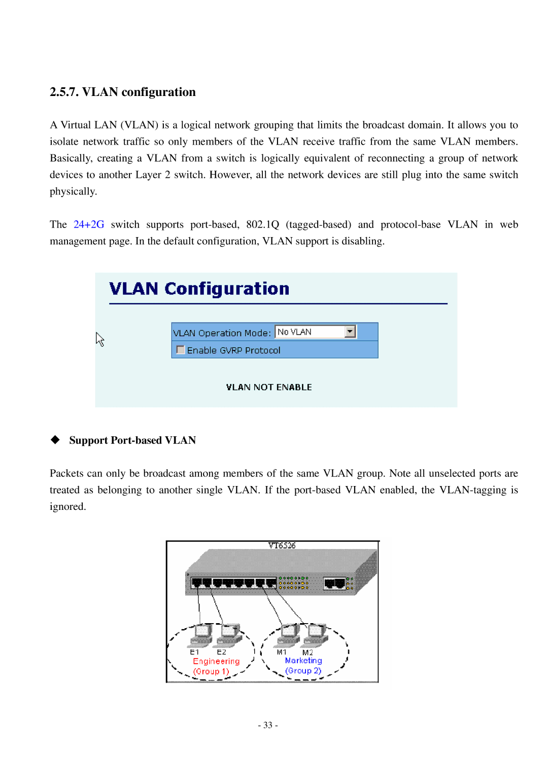 Cisco Systems TEG-S2500i manual Vlan configuration, ‹ Support Port-based Vlan 