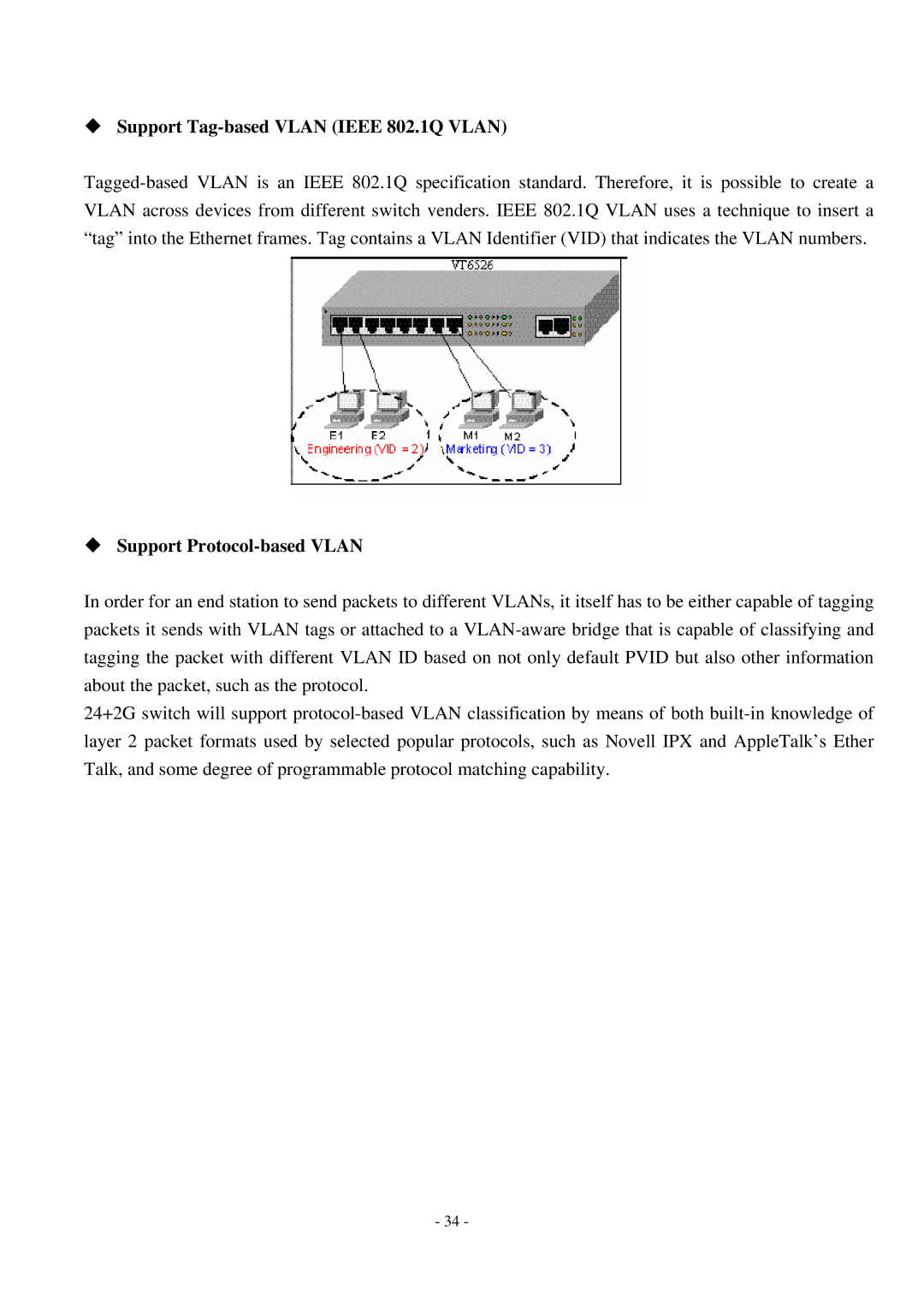 Cisco Systems TEG-S2500i manual ‹ Support Tag-based Vlan Ieee 802.1Q Vlan, ‹ Support Protocol-based Vlan 