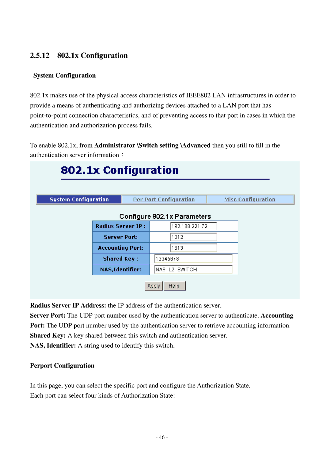 Cisco Systems TEG-S2500i manual 12 802.1x Configuration, System Configuration, Perport Configuration 