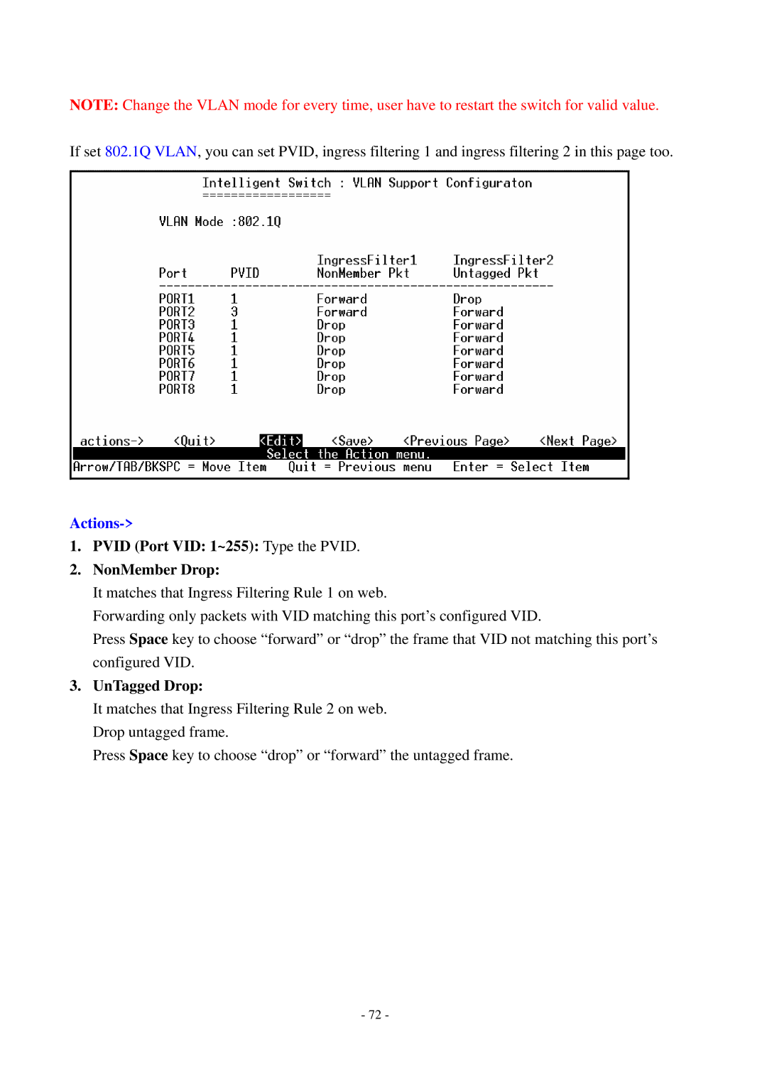 Cisco Systems TEG-S2500i manual Pvid Port VID 1~255 Type the Pvid NonMember Drop, UnTagged Drop 