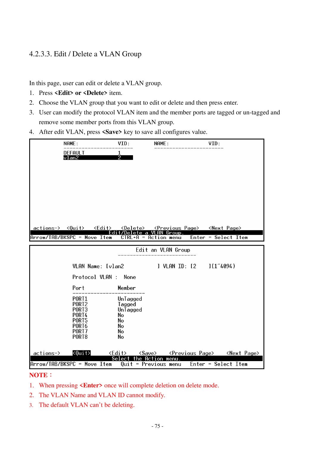 Cisco Systems TEG-S2500i manual Edit / Delete a Vlan Group, Press Edit or Delete item 