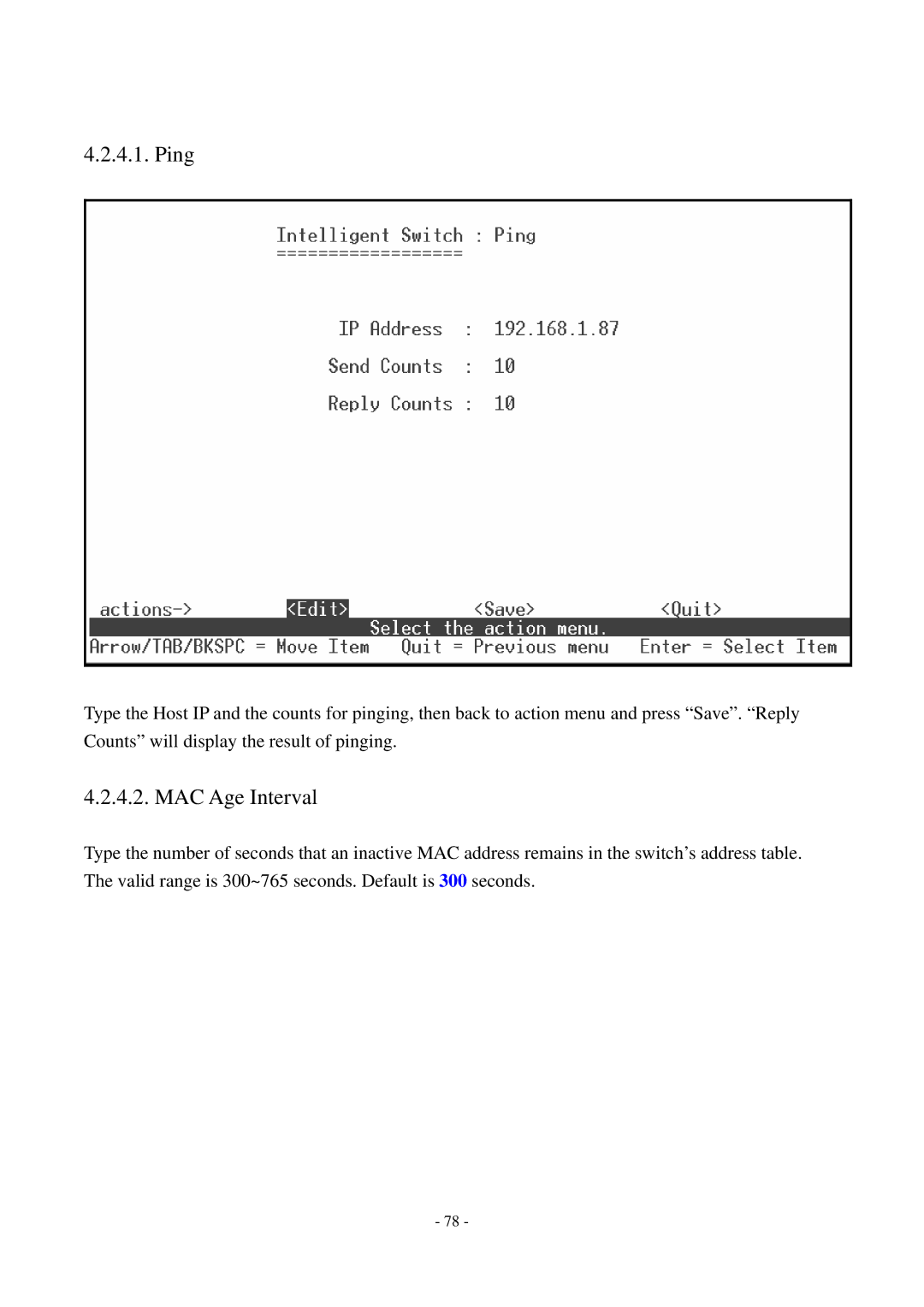 Cisco Systems TEG-S2500i manual Ping, MAC Age Interval 