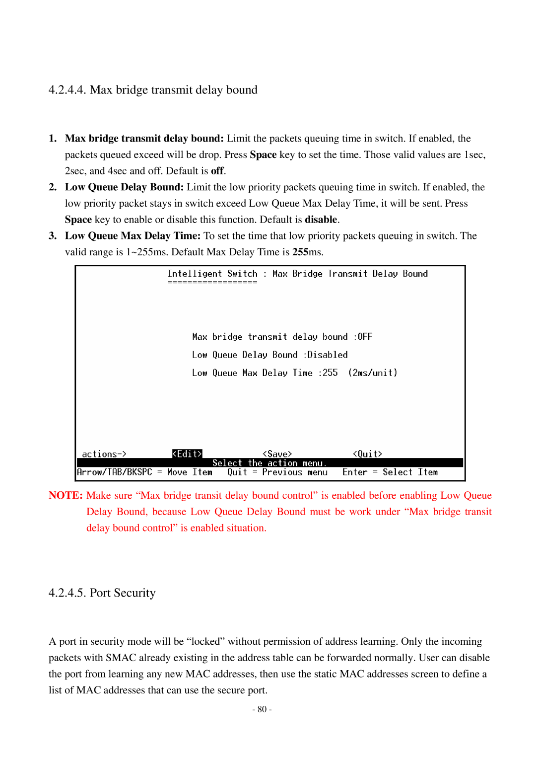 Cisco Systems TEG-S2500i manual Max bridge transmit delay bound, Port Security 