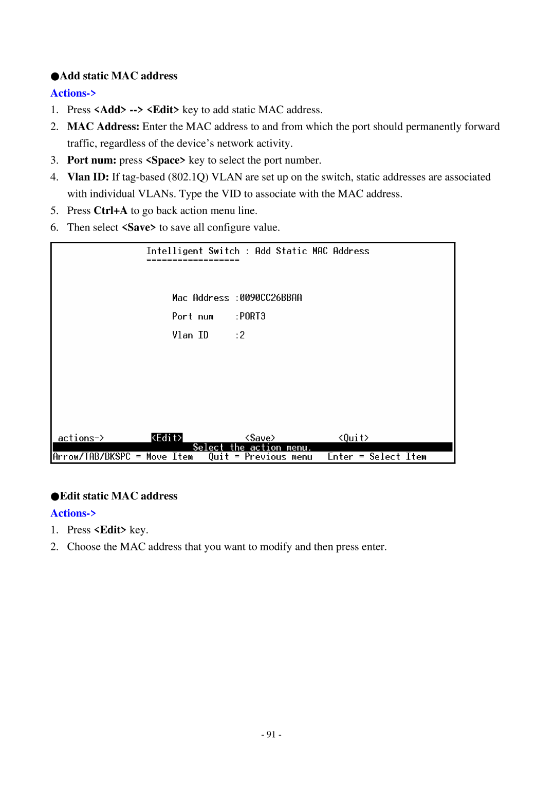 Cisco Systems TEG-S2500i manual Add static MAC address, Edit static MAC address 