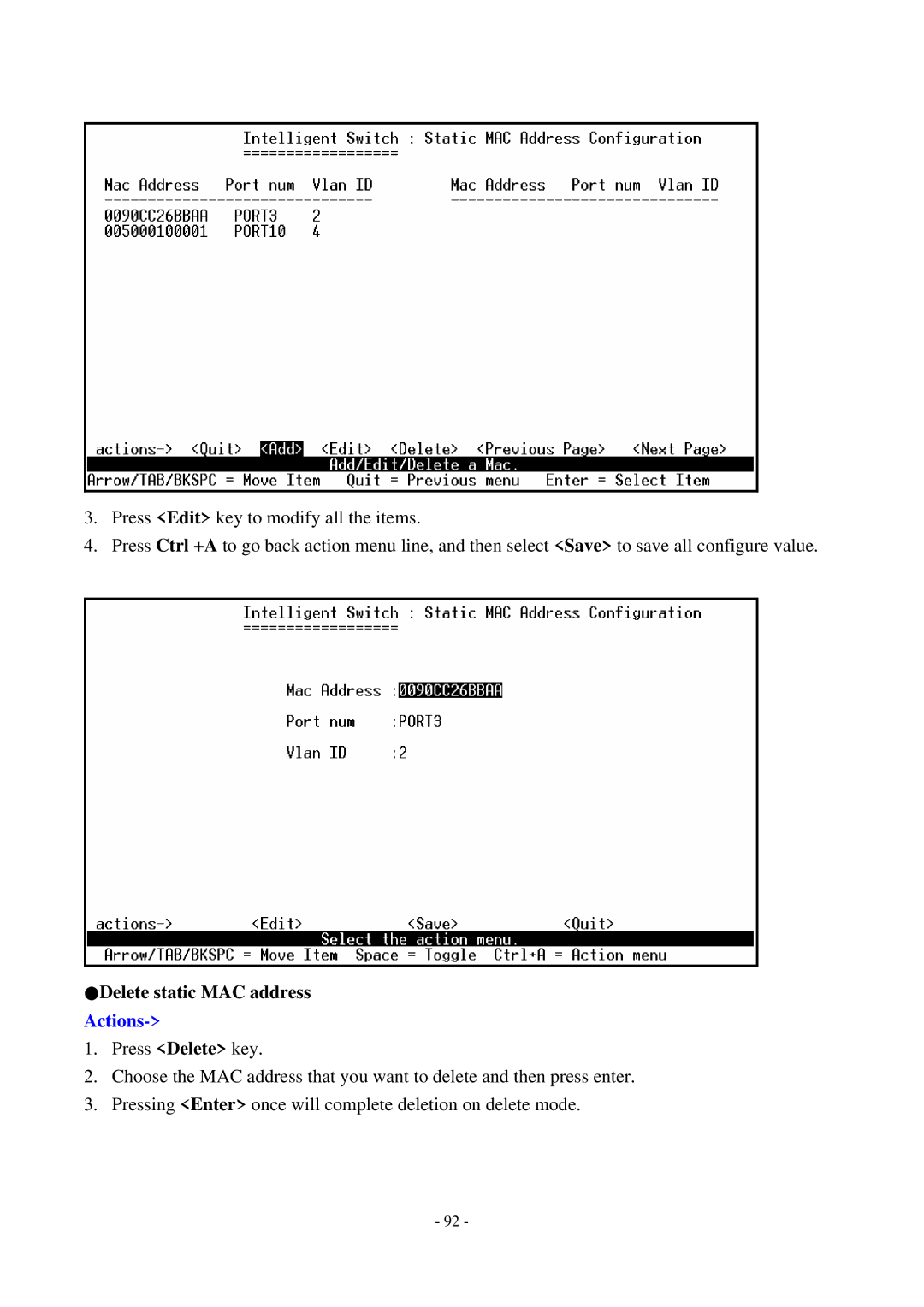 Cisco Systems TEG-S2500i manual Delete static MAC address 