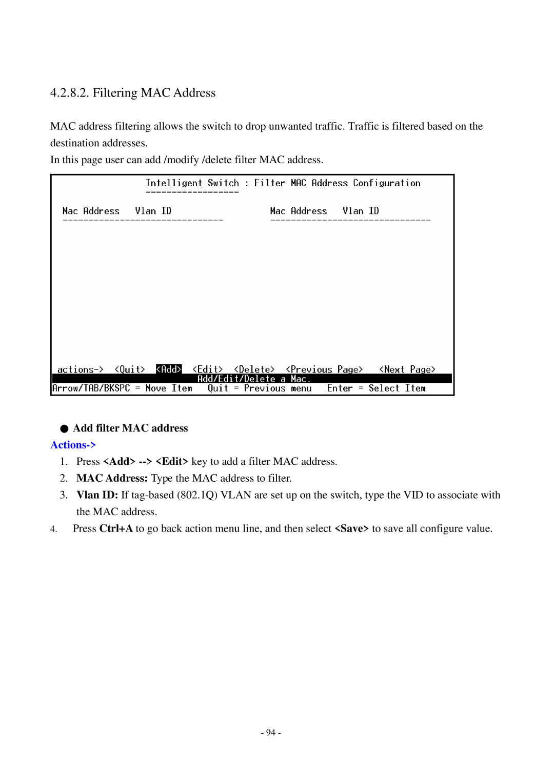 Cisco Systems TEG-S2500i manual Filtering MAC Address, Add filter MAC address Actions 