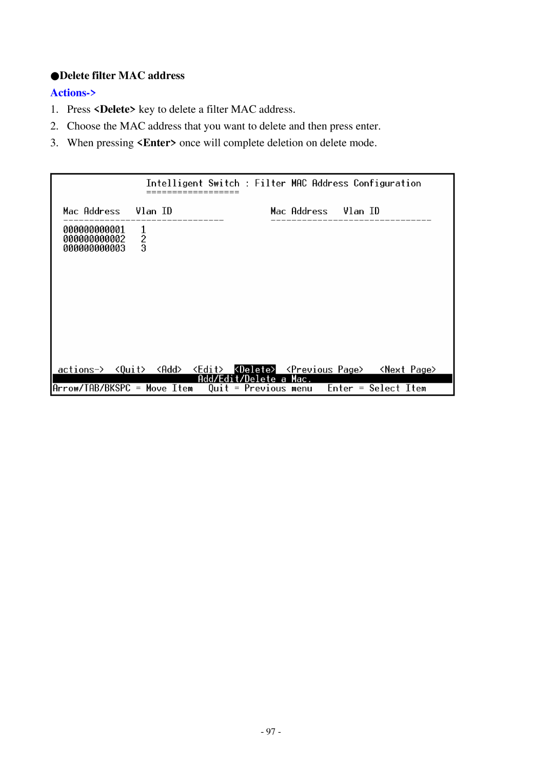 Cisco Systems TEG-S2500i manual Delete filter MAC address 