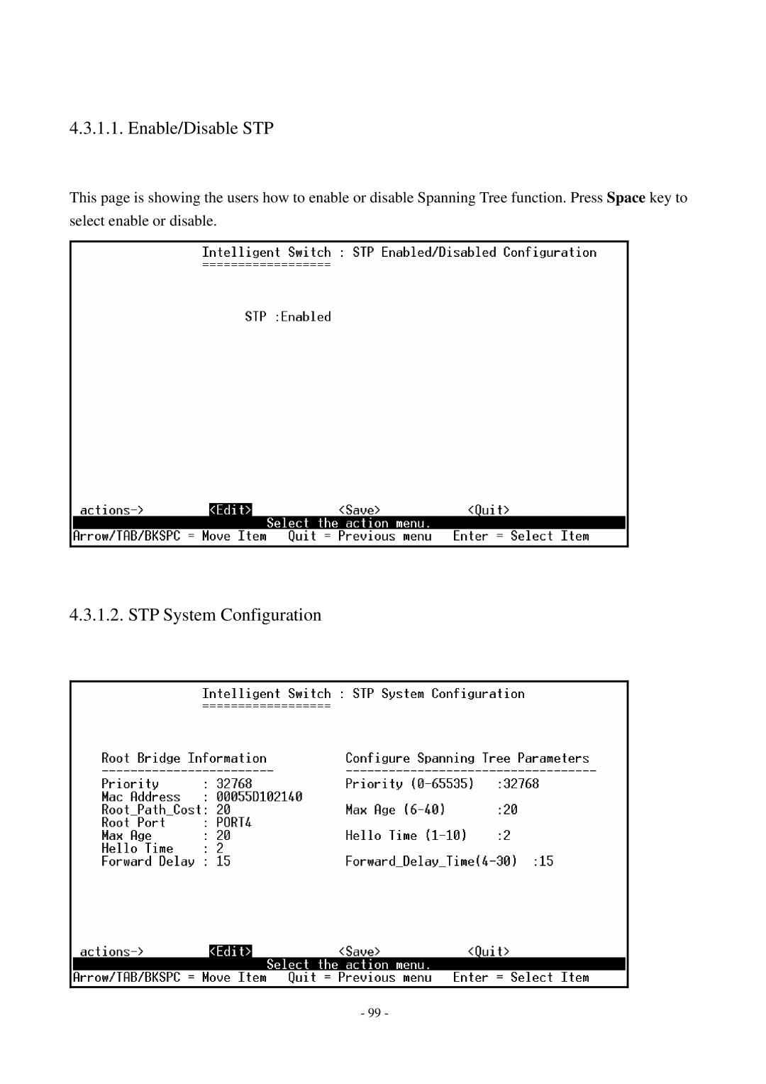 Cisco Systems TEG-S2500i manual Enable/Disable STP, STP System Configuration 