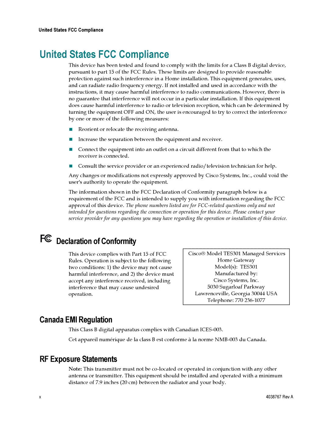 Cisco Systems TES301 manual United States FCC Compliance, Declaration of Conformity, Canada EMI Regulation 