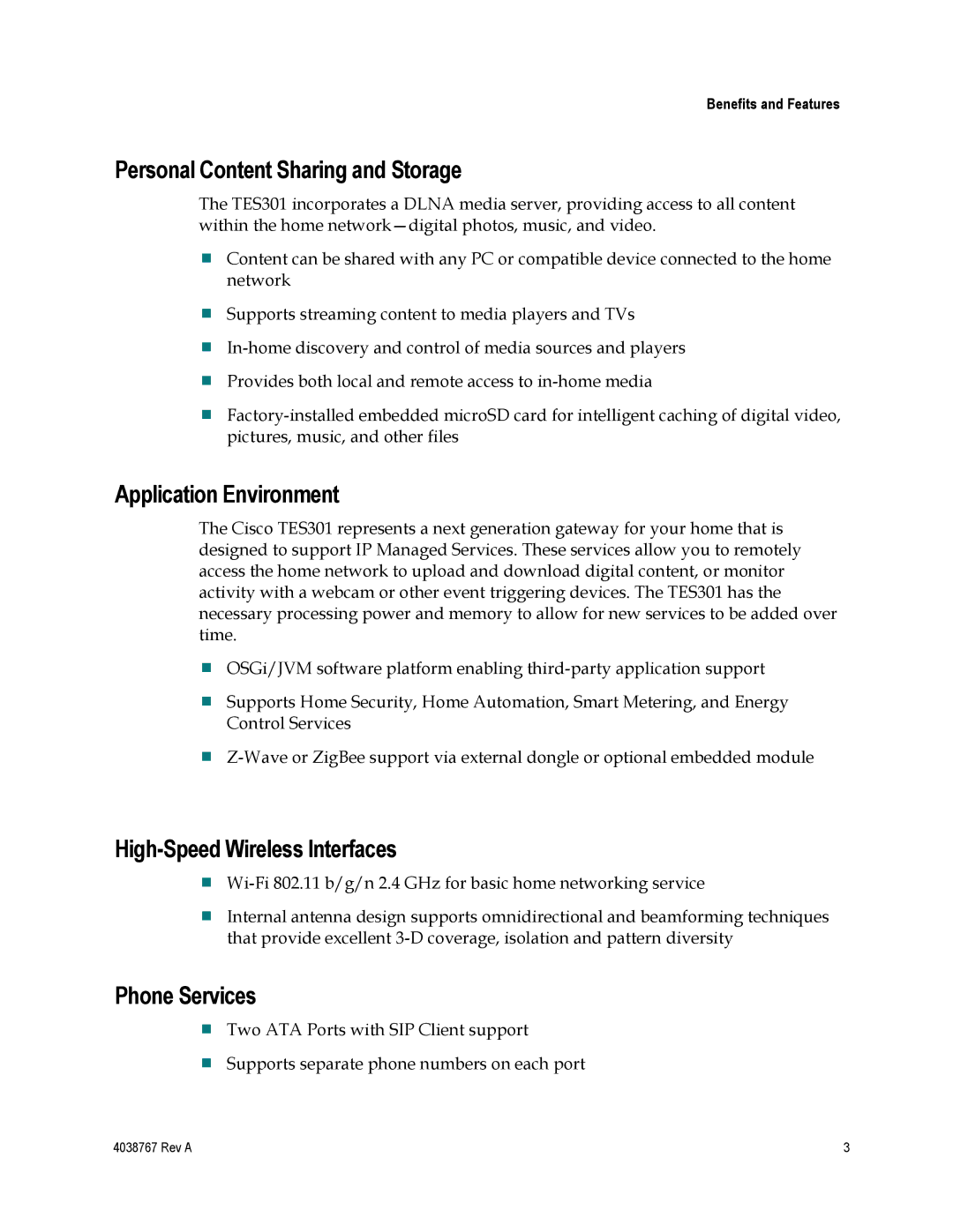 Cisco Systems TES301 manual Personal Content Sharing and Storage, Application Environment, High-Speed Wireless Interfaces 