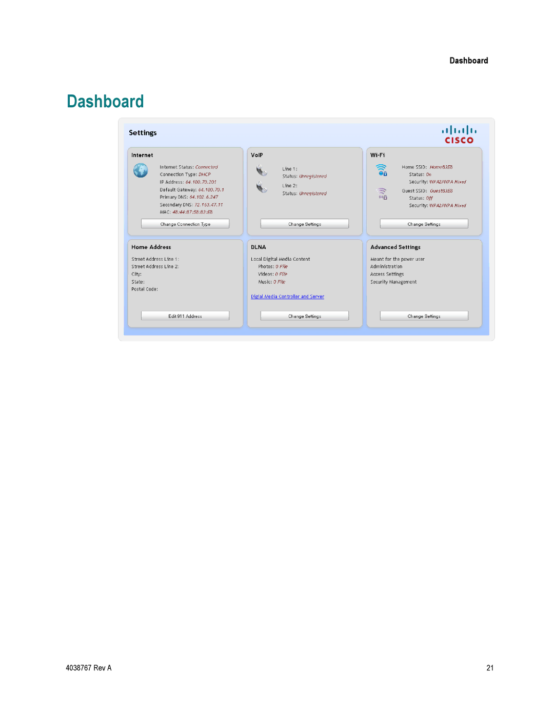 Cisco Systems TES301 manual Dashboard 