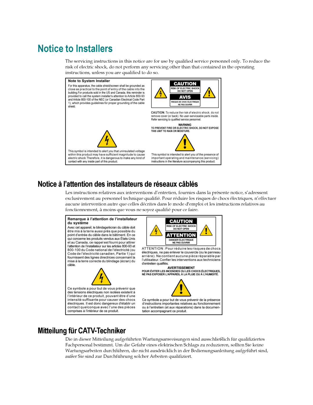 Cisco Systems TES301 manual Mitteilung für CATV-Techniker 