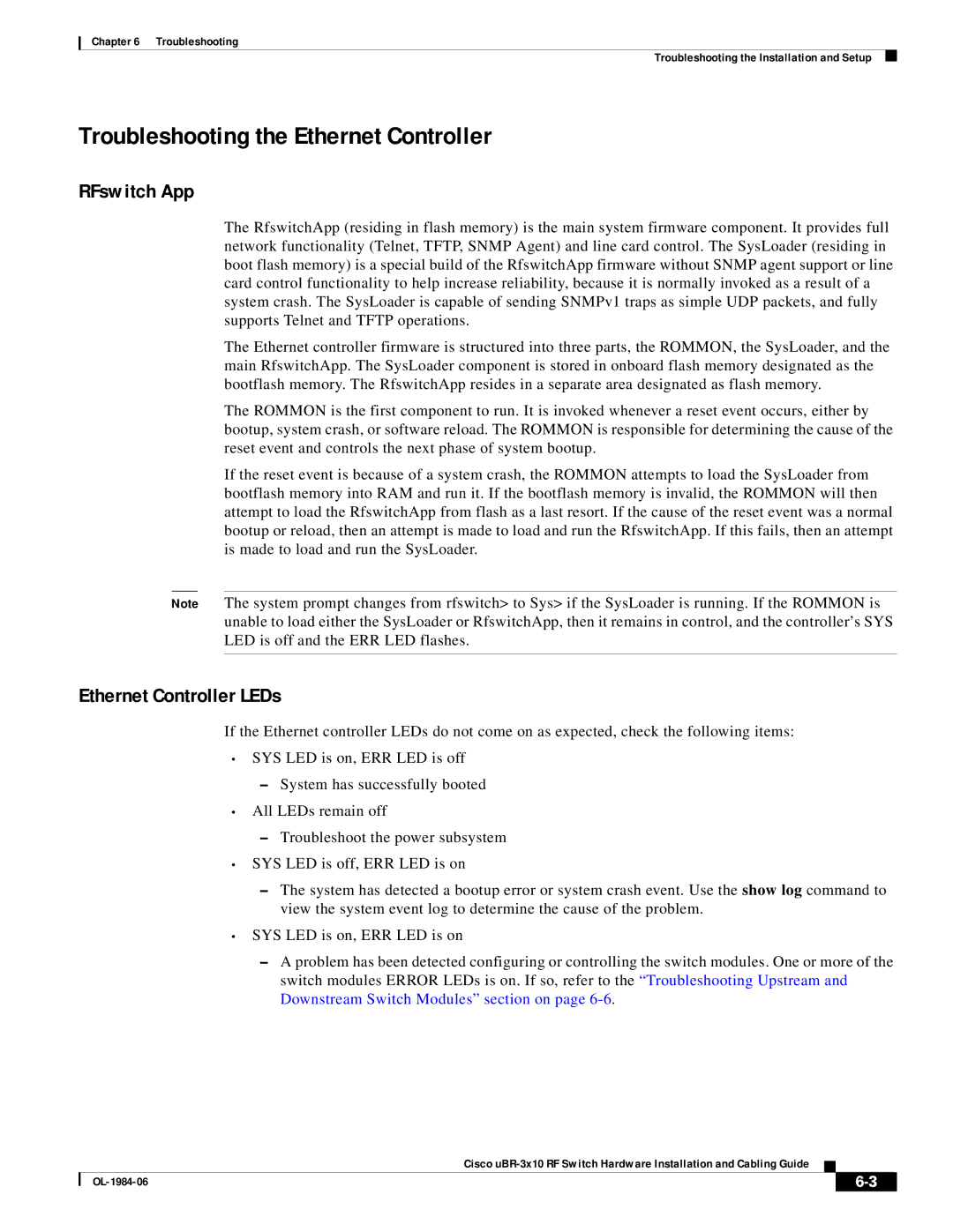 Cisco Systems UBR-3X10 manual Troubleshooting the Ethernet Controller, RFswitch App 