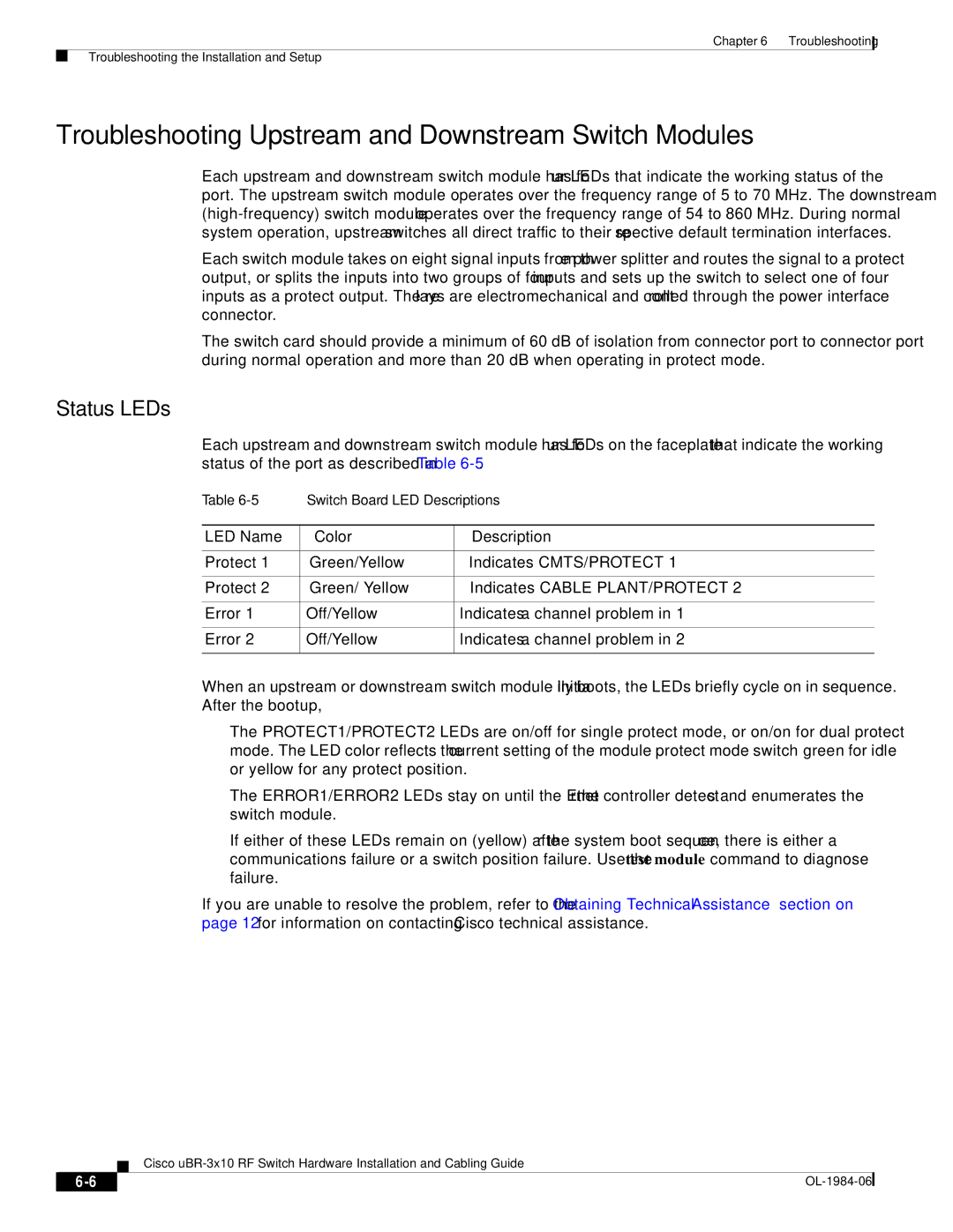 Cisco Systems UBR-3X10 manual Troubleshooting Upstream and Downstream Switch Modules, Status LEDs 