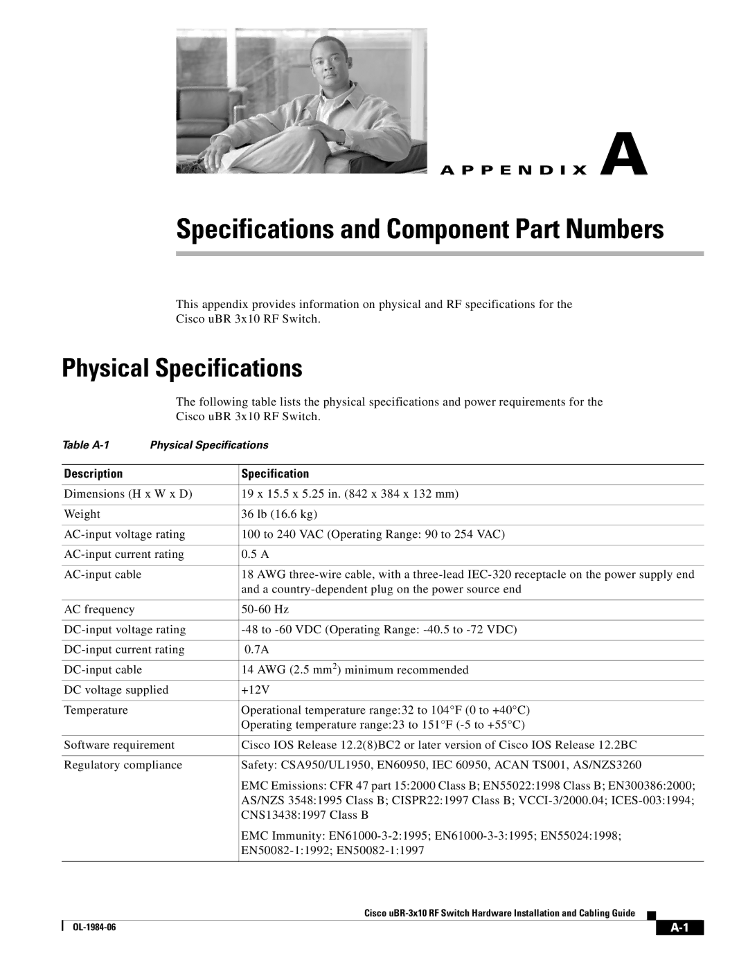 Cisco Systems UBR-3X10 manual Specifications and Component Part Numbers, Physical Specifications, Description Specification 