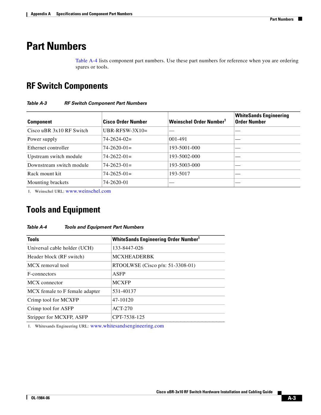 Cisco Systems UBR-3X10 Part Numbers, RF Switch Components, Tools and Equipment, Tools WhiteSands Engineering Order Number1 