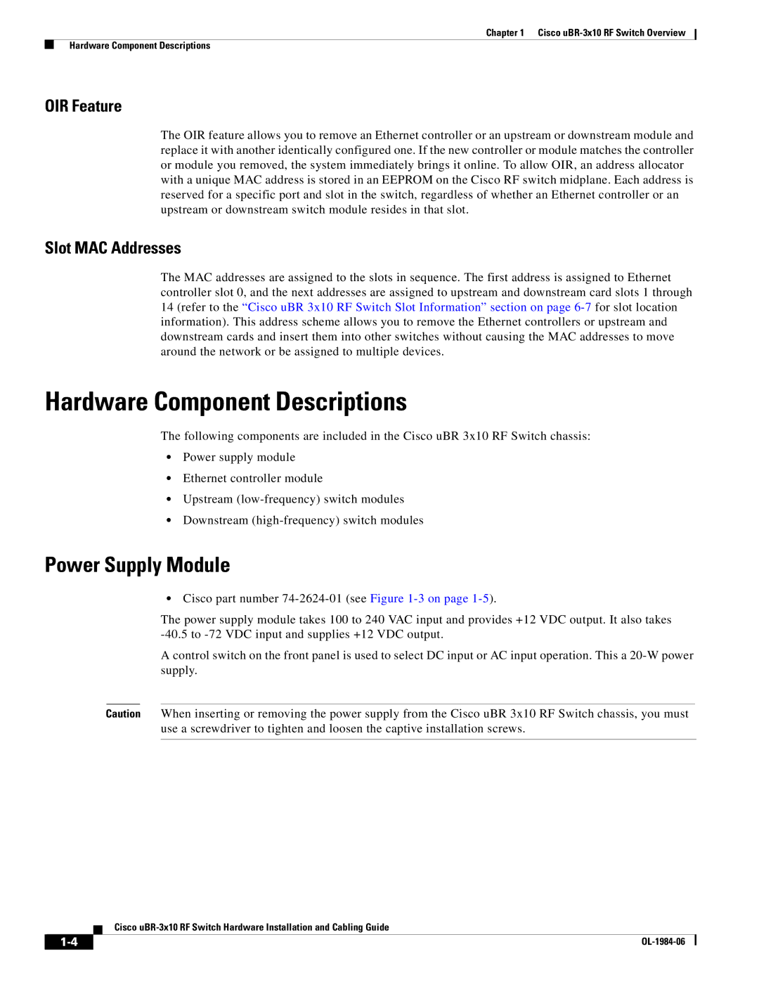 Cisco Systems UBR-3X10 manual Hardware Component Descriptions, Power Supply Module 