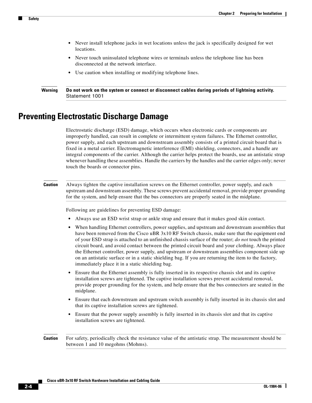 Cisco Systems UBR-3X10 manual Preventing Electrostatic Discharge Damage 