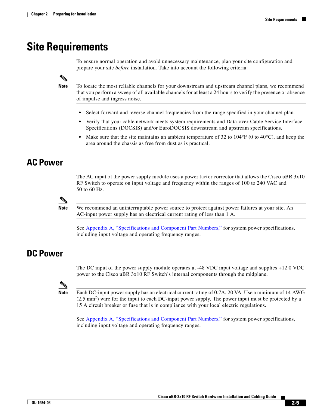 Cisco Systems UBR-3X10 manual Site Requirements, AC Power, DC Power 