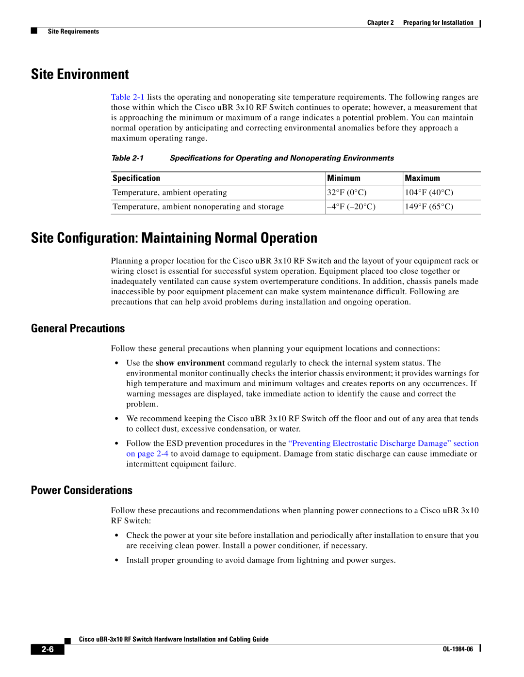 Cisco Systems UBR-3X10 Site Environment, Site Configuration Maintaining Normal Operation, Specification Minimum Maximum 