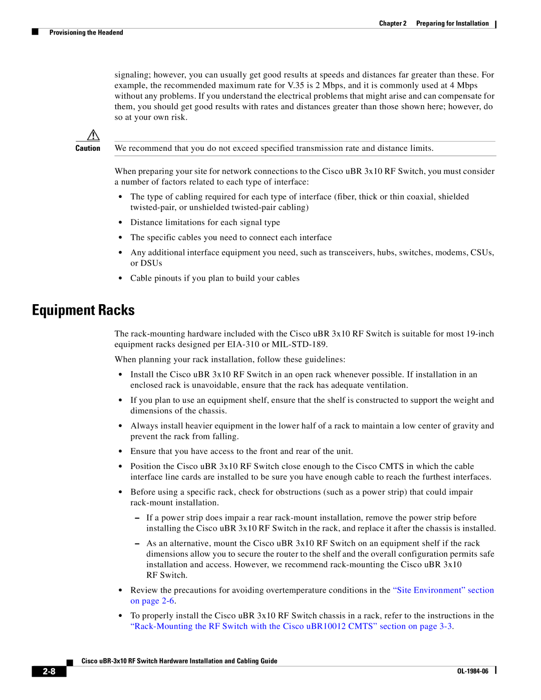 Cisco Systems UBR-3X10 manual Equipment Racks 