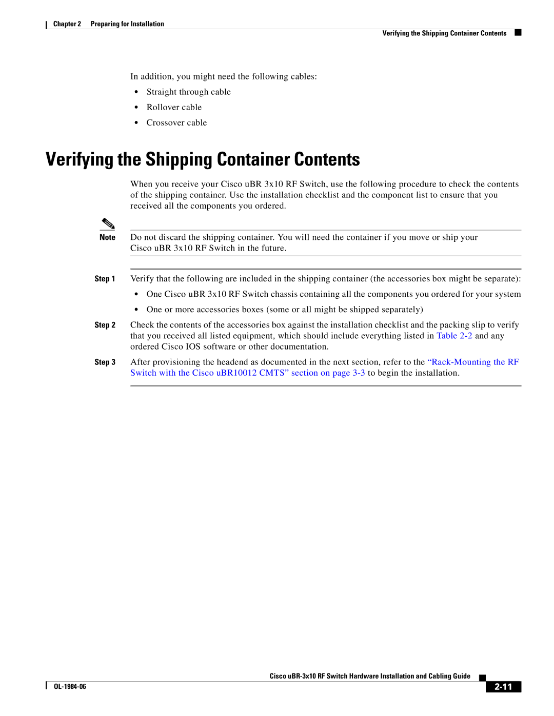 Cisco Systems UBR-3X10 manual Verifying the Shipping Container Contents 