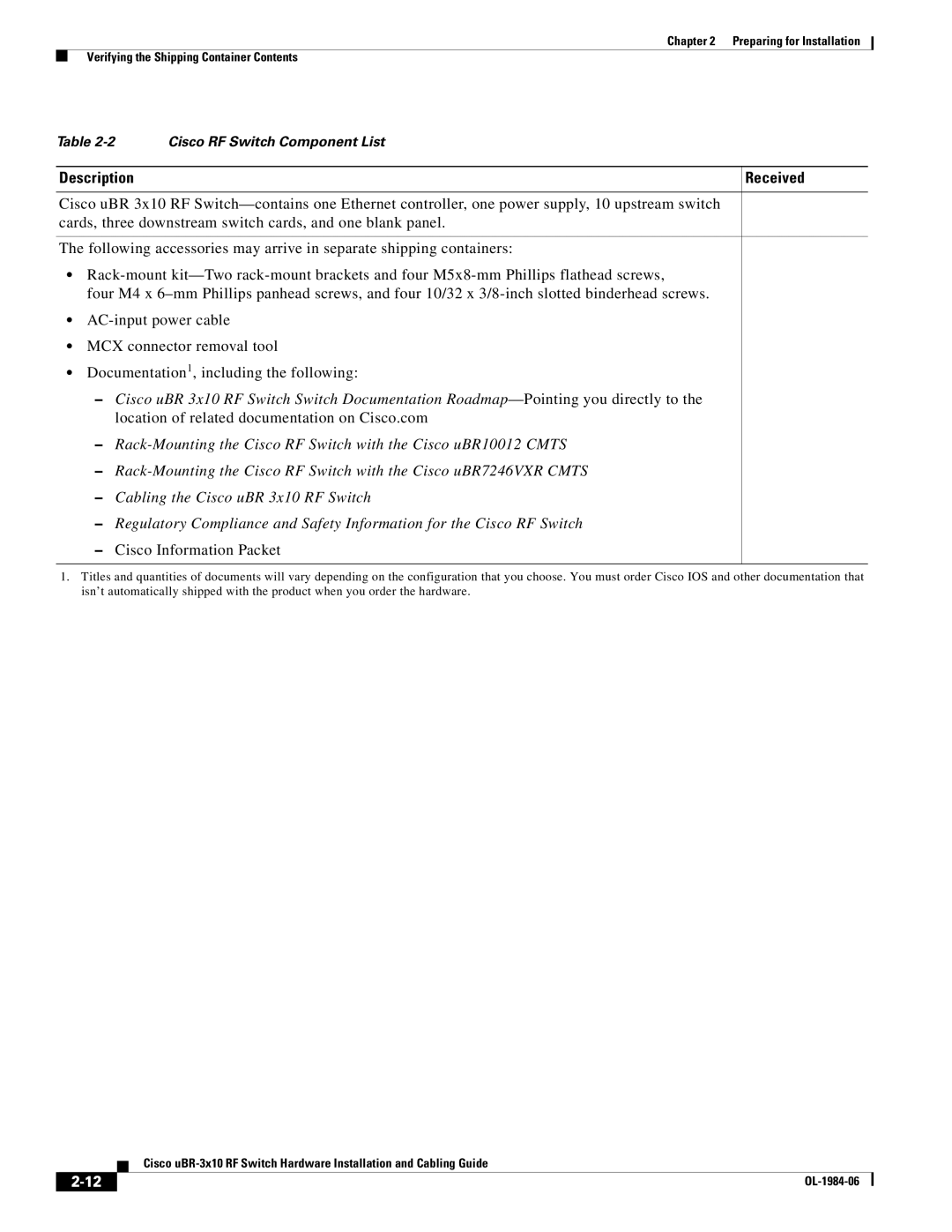 Cisco Systems UBR-3X10 manual Description Received, Cisco Information Packet 