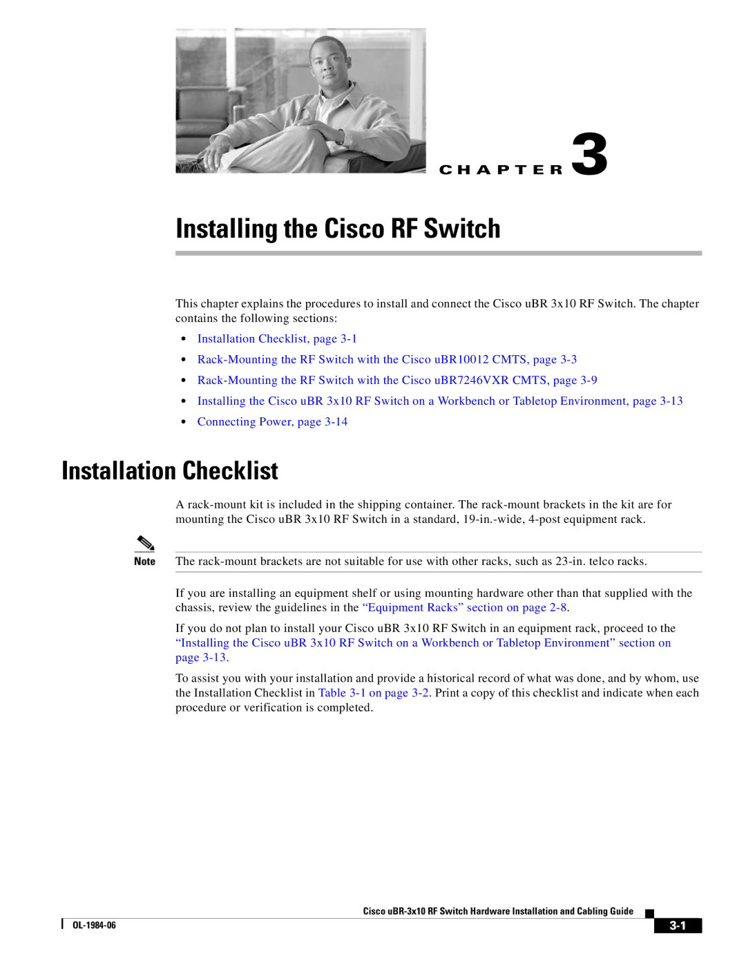 Cisco Systems UBR-3X10 manual Installing the Cisco RF Switch, Installation Checklist 