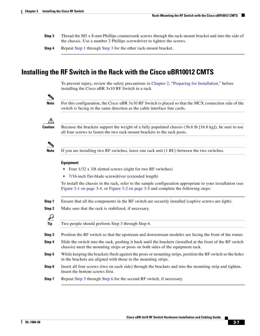 Cisco Systems UBR-3X10 manual Equipment 