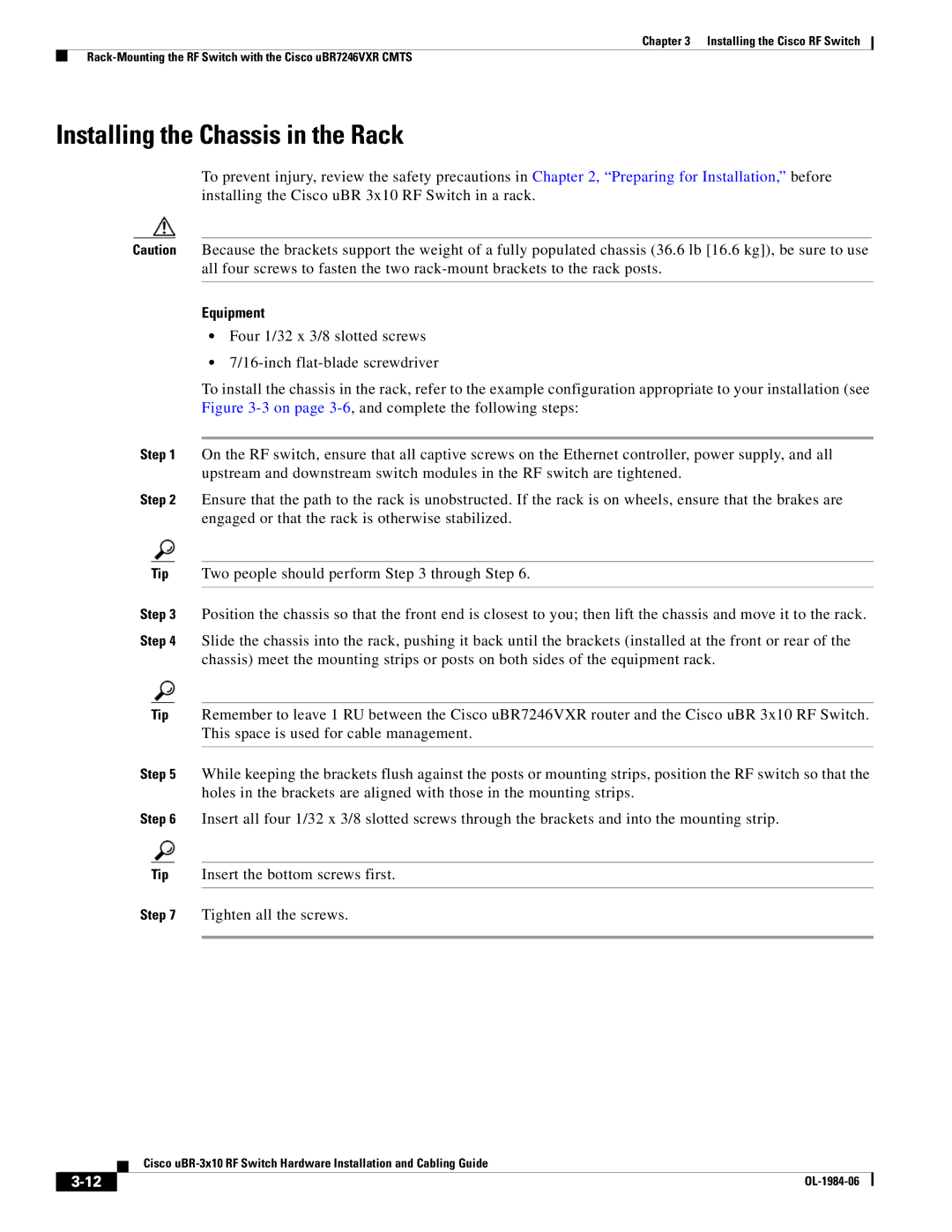 Cisco Systems UBR-3X10 manual Installing the Chassis in the Rack 