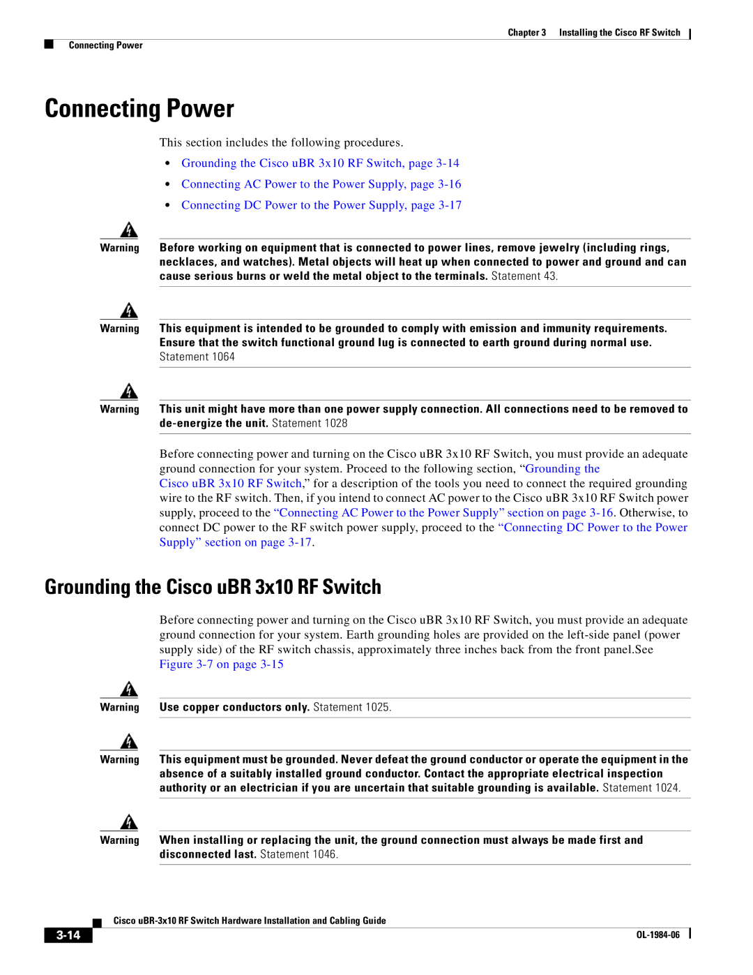 Cisco Systems UBR-3X10 manual Connecting Power, Grounding the Cisco uBR 3x10 RF Switch 