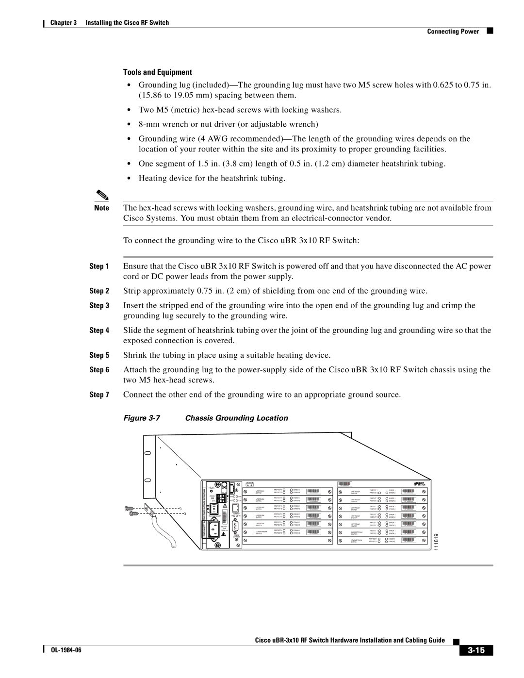 Cisco Systems UBR-3X10 manual Tools and Equipment, Chassis Grounding Location 